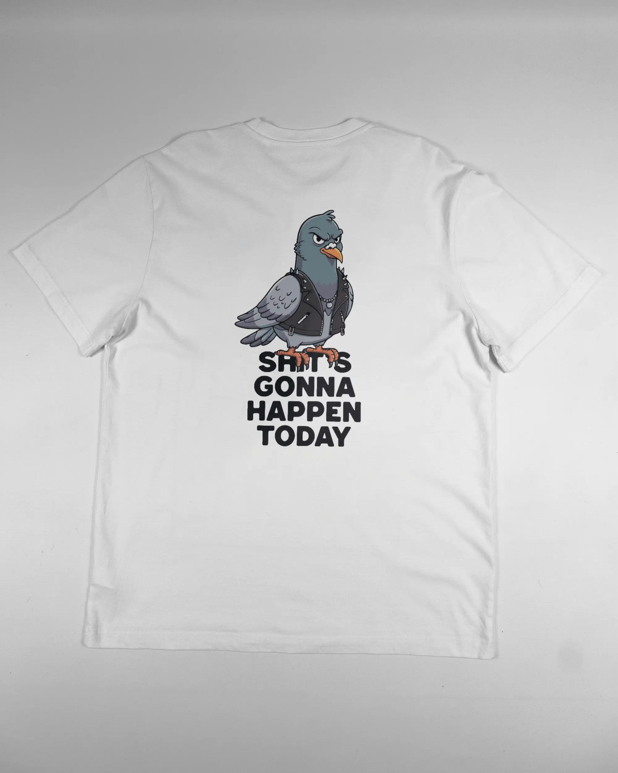 Rückseite des Organic Unisex T-Shirt Relaxed von Maondo mit dem Design Pigeon Pun in der Farbe White und in der Größe L flach auf den Boden gelegt