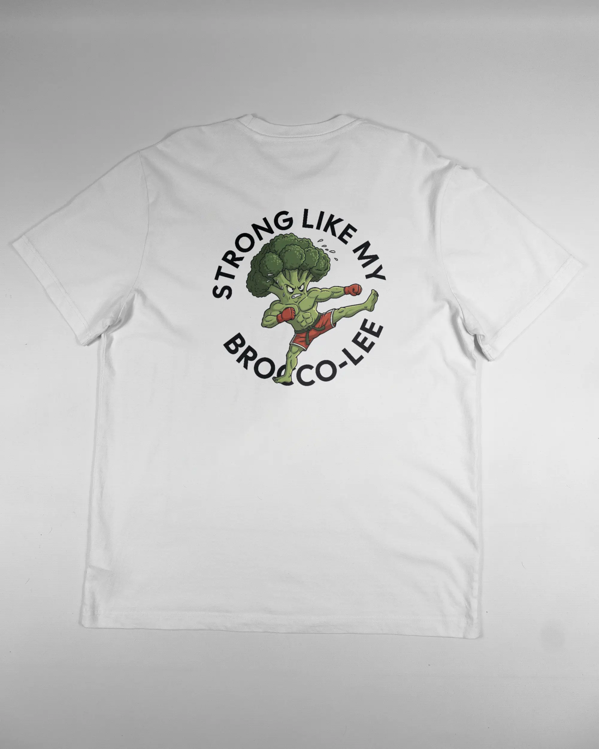 Rückseite des Organic Unisex T-Shirt Relaxed von Maondo mit dem Design Brocco-Lee in der Farbe White und in der Größe L flach auf den Boden gelegt