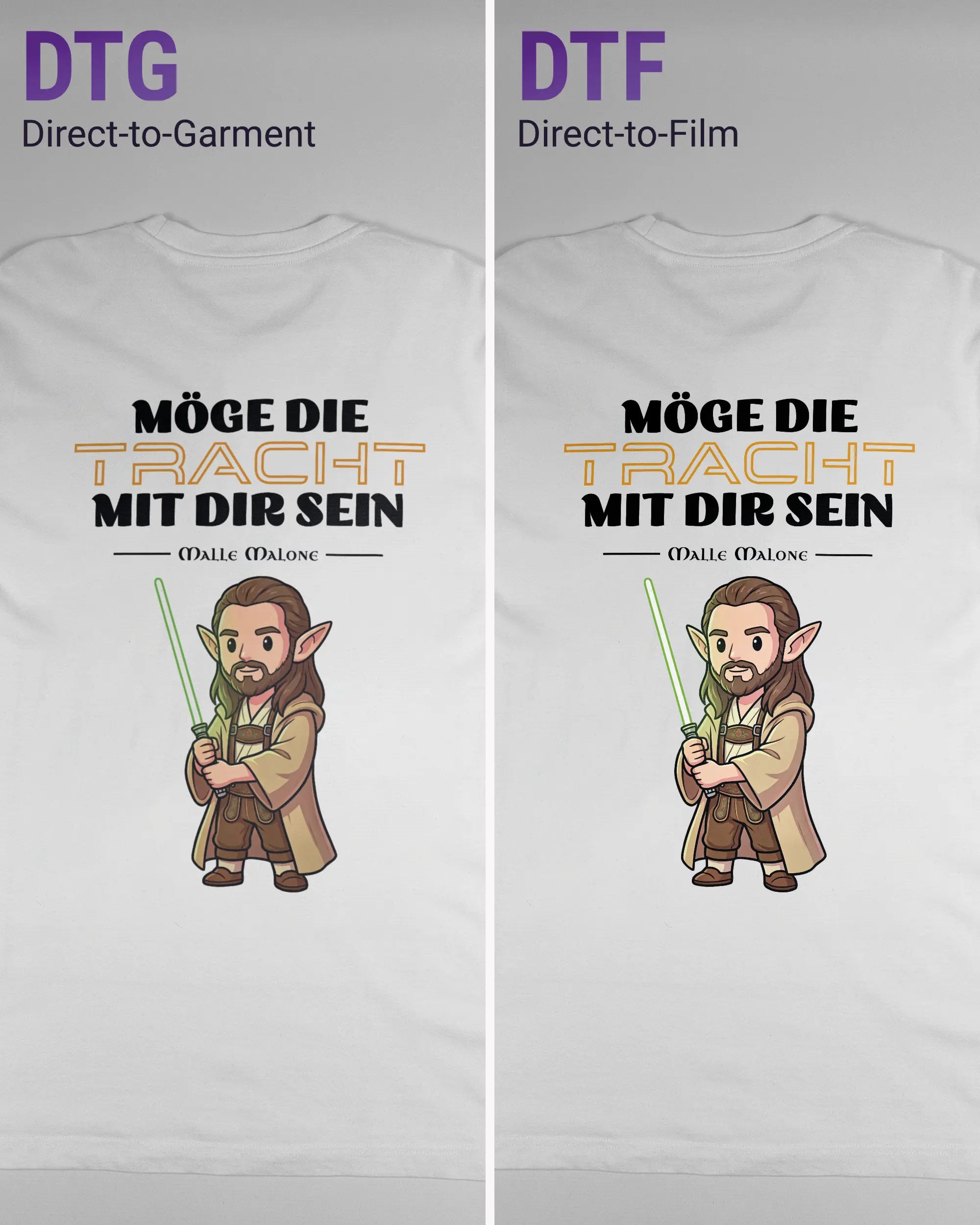 Vergleich der Rückseiten des Organic Unisex T-Shirt Relaxed von Maondo mit dem Design Tracht mit dir in der Farbe White und in der Größe L links mit dem Direct-to-Garment und rechts mit dem Direct-to-Film Verfahren