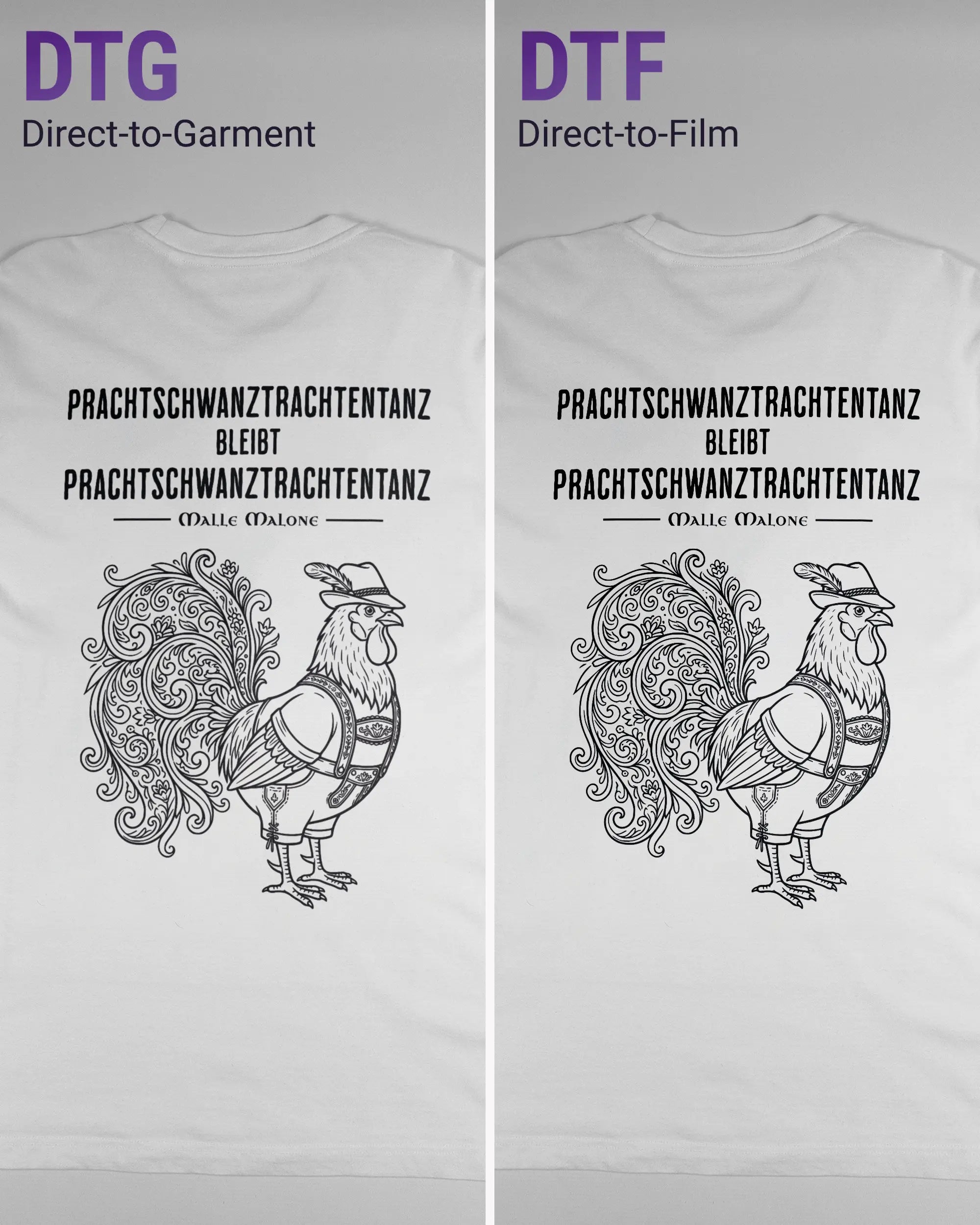 Vergleich der Rückseiten des Organic Unisex T-Shirt Relaxed von Maondo mit dem Design Trachtentanz in der Farbe White und in der Größe L links mit dem Direct-to-Garment und rechts mit dem Direct-to-Film Verfahren