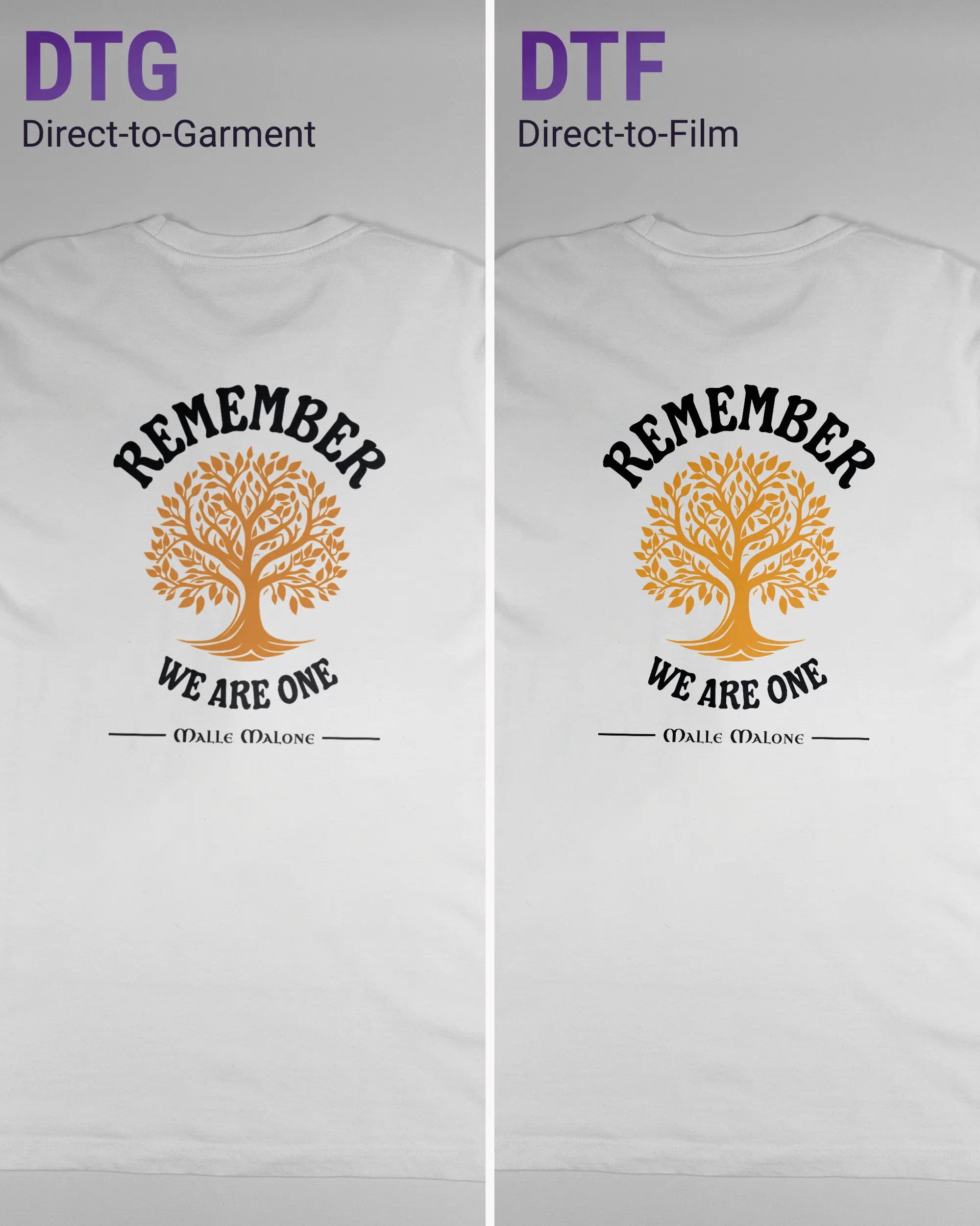 Vergleich der Rückseiten des Organic Unisex T-Shirt Relaxed von Maondo mit dem Design We are one in der Farbe White und in der Größe L links mit dem Direct-to-Garment und rechts mit dem Direct-to-Film Verfahren
