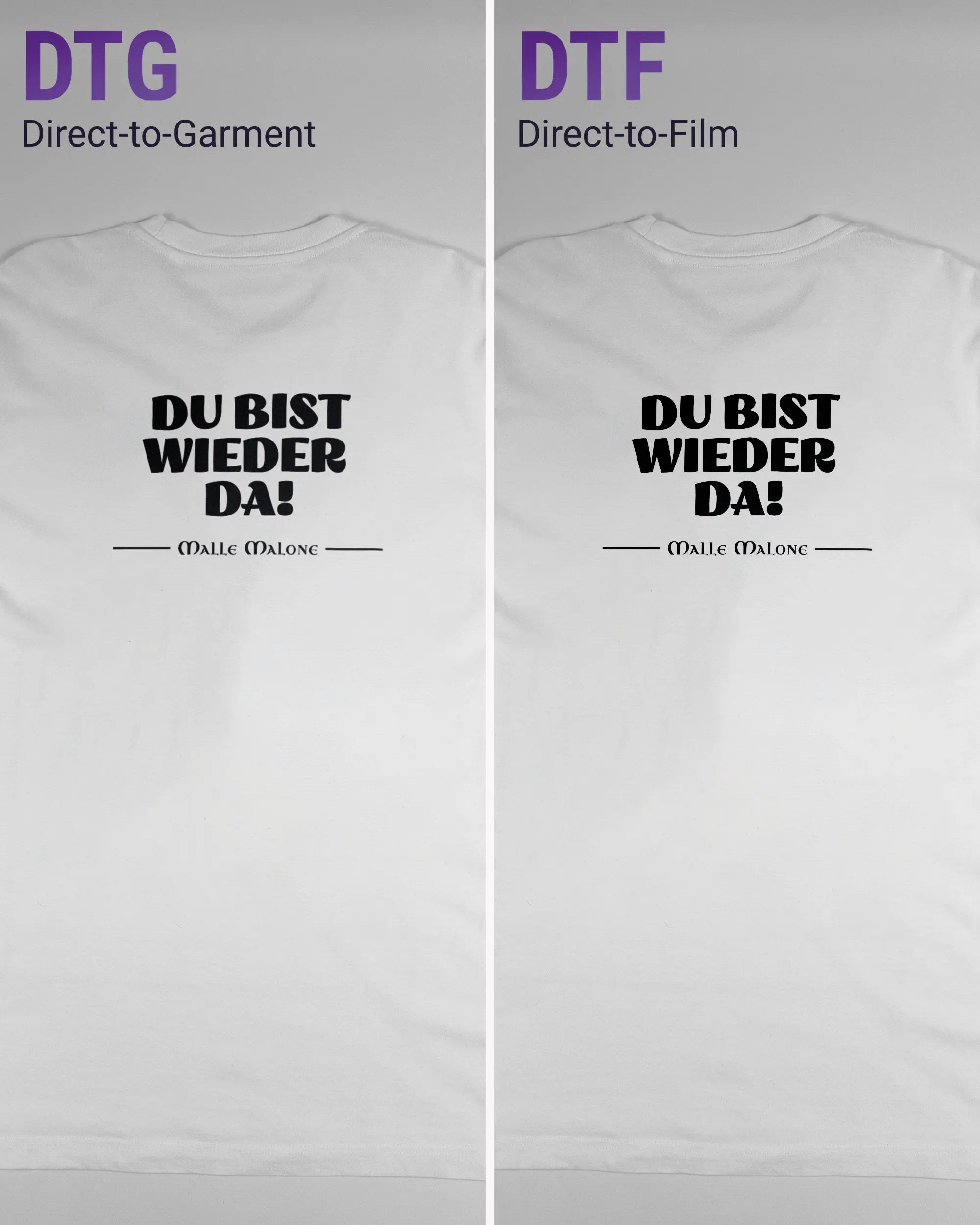 Vergleich der Rückseiten des Organic Unisex T-Shirt Relaxed von Maondo mit dem Design Wieder da in der Farbe White und in der Größe L links mit dem Direct-to-Garment und rechts mit dem Direct-to-Film Verfahren