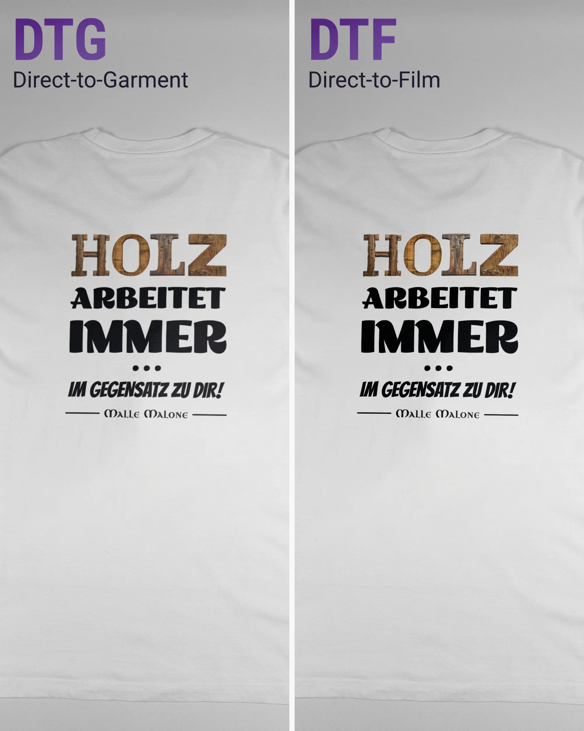 Vergleich der Rückseiten des Organic Unisex T-Shirt Relaxed von Maondo mit dem Design Holzarbeit in der Farbe White und in der Größe L links mit dem Direct-to-Garment und rechts mit dem Direct-to-Film Verfahren