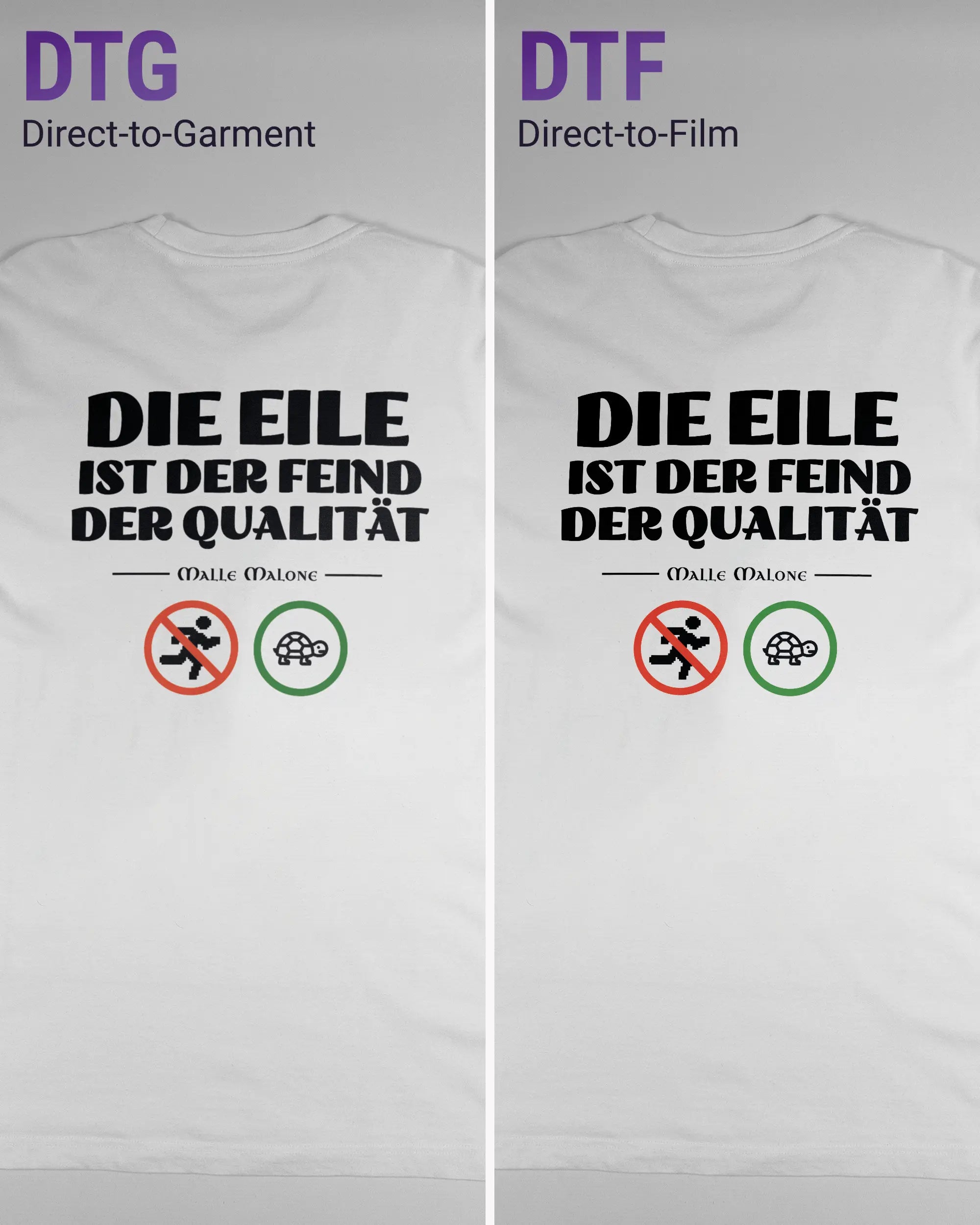 Vergleich der Rückseiten des Organic Unisex T-Shirt Relaxed von Maondo mit dem Design Keine Eile in der Farbe White und in der Größe L links mit dem Direct-to-Garment und rechts mit dem Direct-to-Film Verfahren