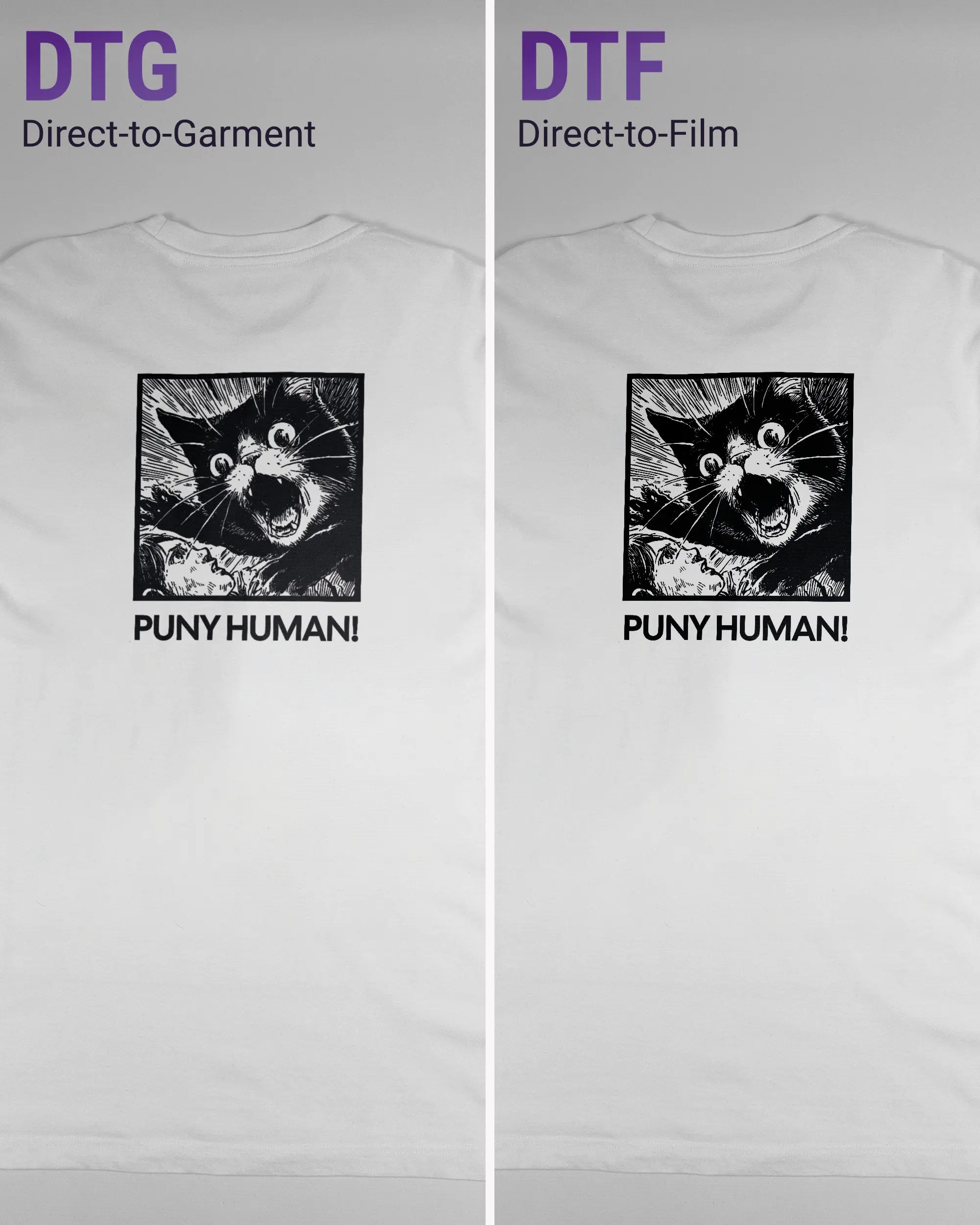 Vergleich der Rückseiten des Organic Unisex T-Shirt Relaxed von Maondo mit dem Design Puny Human in der Farbe White und in der Größe L links mit dem Direct-to-Garment und rechts mit dem Direct-to-Film Verfahren