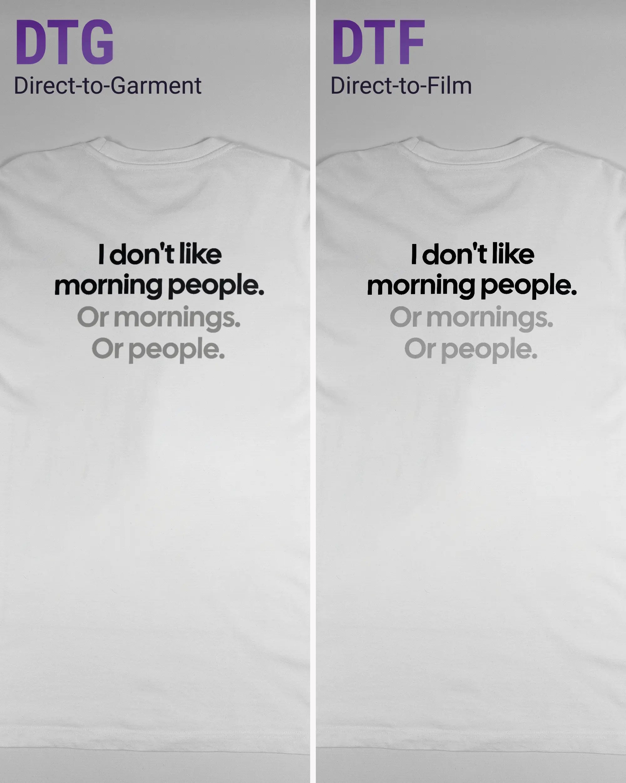 Vergleich der Rückseiten des Organic Unisex T-Shirt Relaxed von Maondo mit dem Design Morning Person in der Farbe White und in der Größe L links mit dem Direct-to-Garment und rechts mit dem Direct-to-Film Verfahren