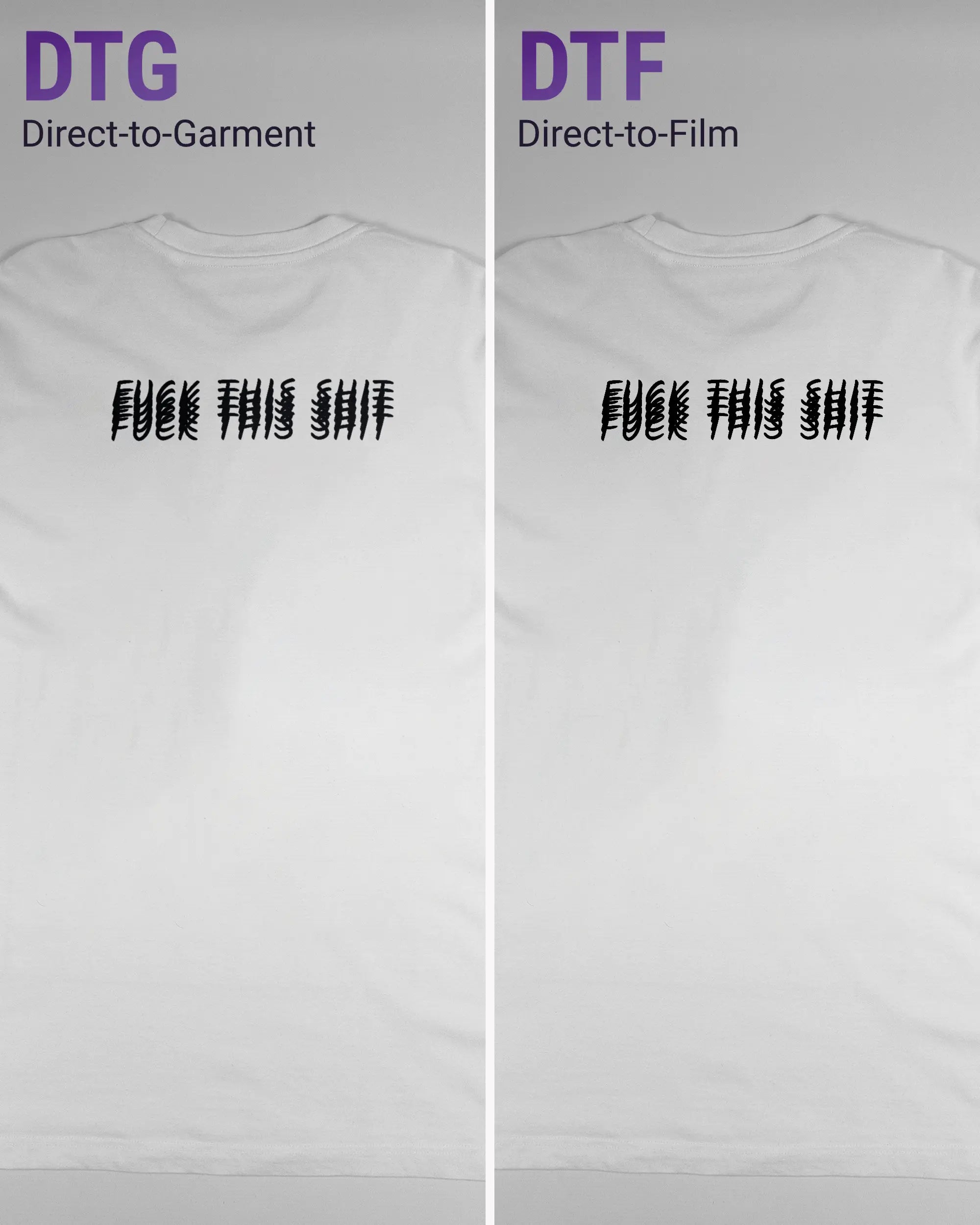 Vergleich der Rückseiten des Organic Unisex T-Shirt Relaxed von Maondo mit dem Design Hidden Message in der Farbe White und in der Größe L links mit dem Direct-to-Garment und rechts mit dem Direct-to-Film Verfahren