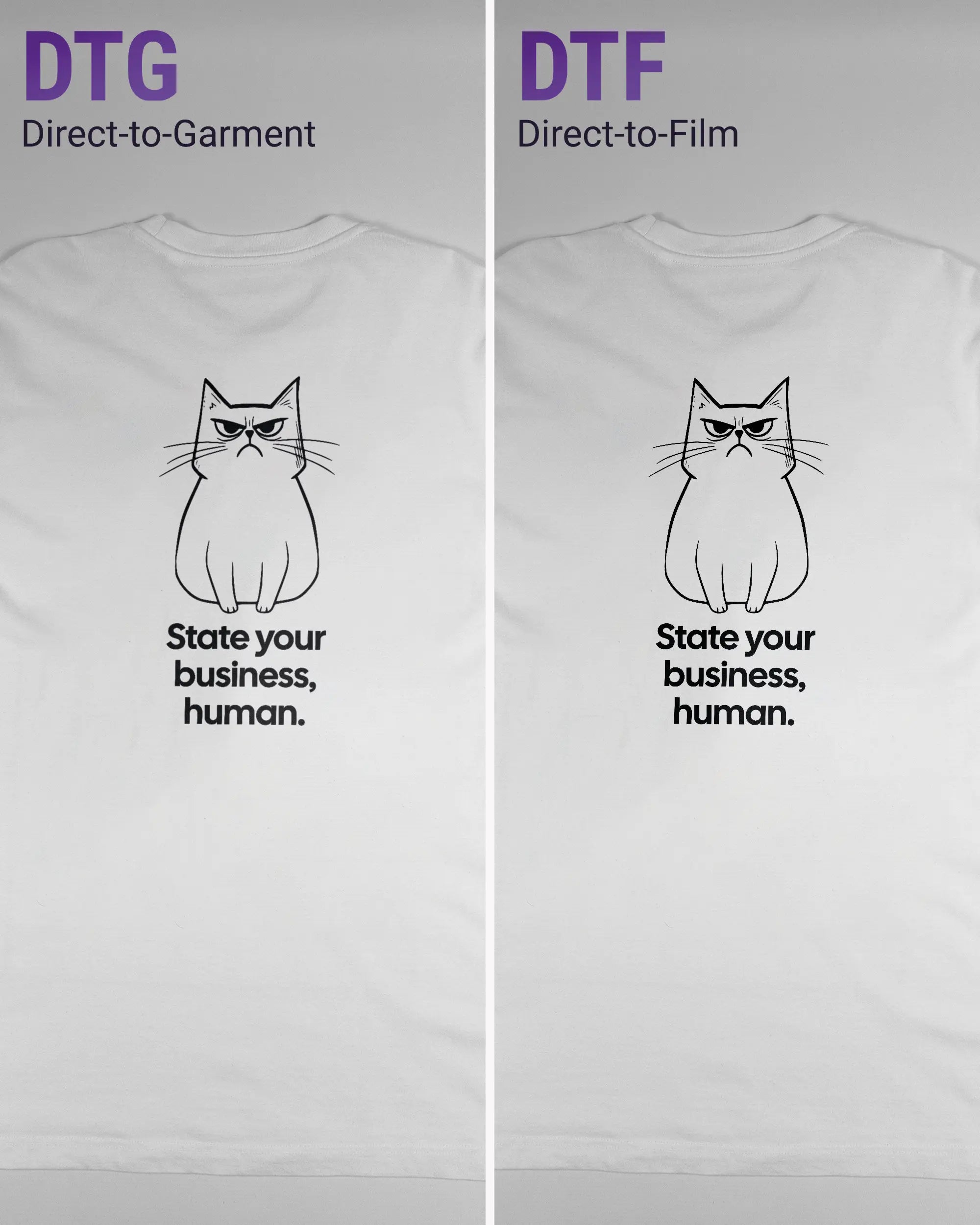 Vergleich der Rückseiten des Organic Unisex T-Shirt Relaxed von Maondo mit dem Design Grumpy Purr in der Farbe White und in der Größe L links mit dem Direct-to-Garment und rechts mit dem Direct-to-Film Verfahren