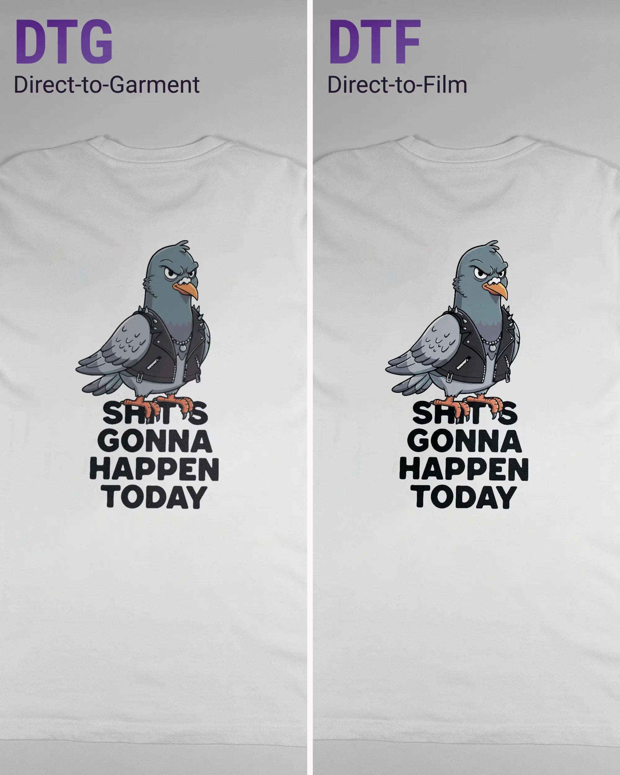 Vergleich der Rückseiten des Organic Unisex T-Shirt Relaxed von Maondo mit dem Design Pigeon Pun in der Farbe White und in der Größe L links mit dem Direct-to-Garment und rechts mit dem Direct-to-Film Verfahren