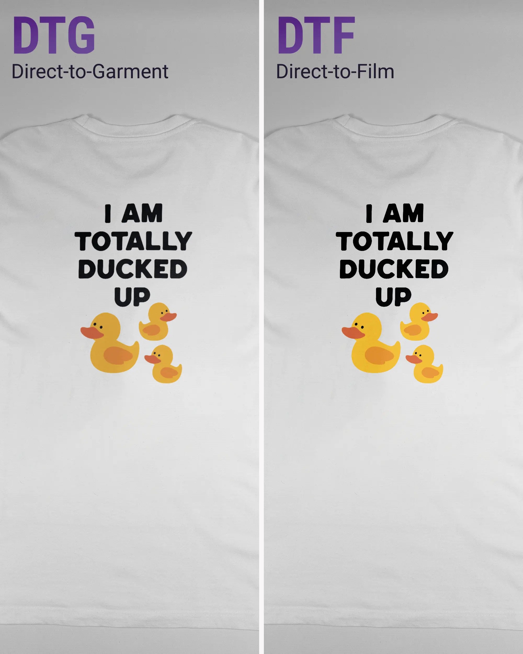 Vergleich der Rückseiten des Organic Unisex T-Shirt Relaxed von Maondo mit dem Design Ducked Up in der Farbe White und in der Größe L links mit dem Direct-to-Garment und rechts mit dem Direct-to-Film Verfahren