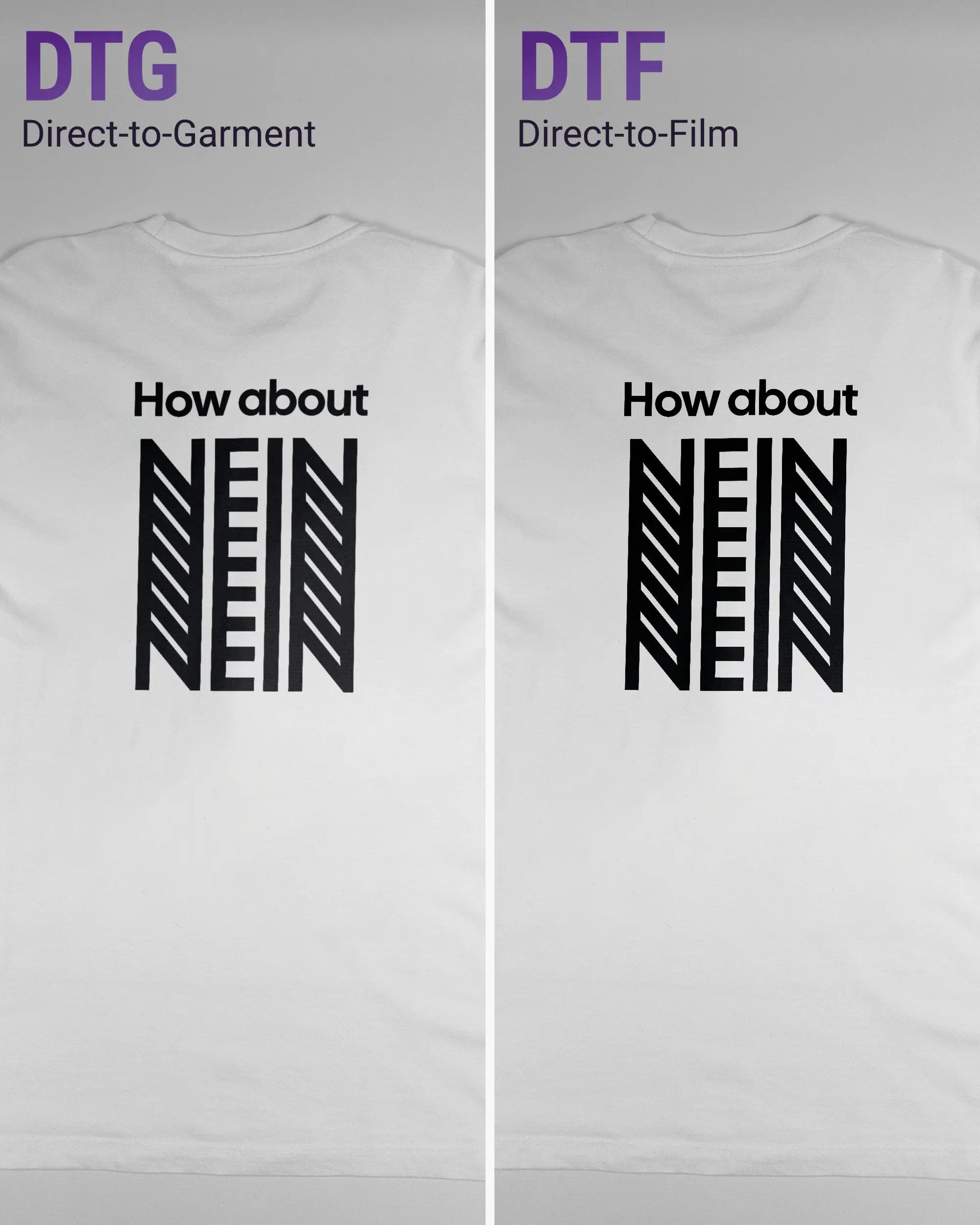 Vergleich der Rückseiten des Organic Unisex T-Shirt Relaxed von Maondo mit dem Design How about nein in der Farbe White und in der Größe L links mit dem Direct-to-Garment und rechts mit dem Direct-to-Film Verfahren