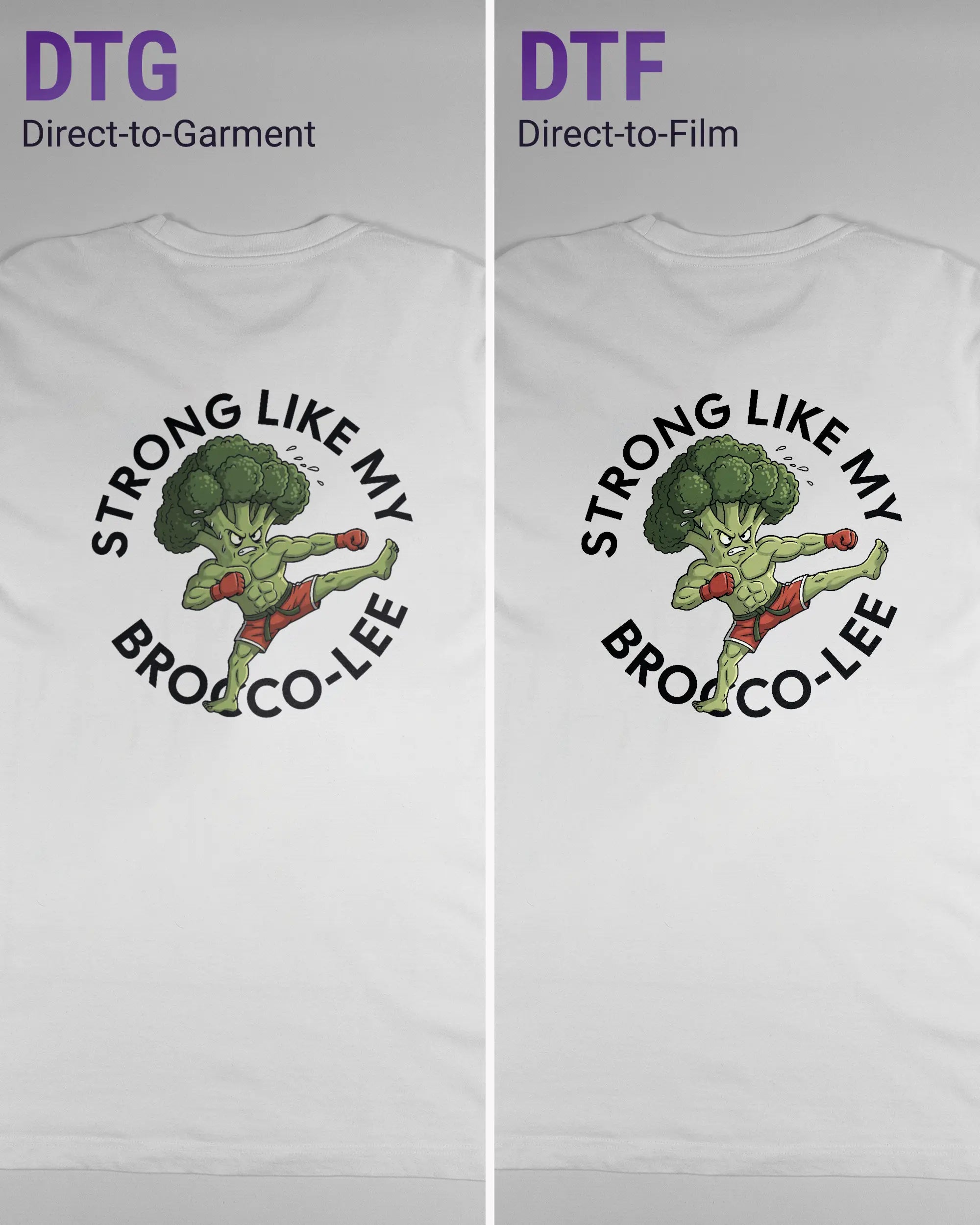 Vergleich der Rückseiten des Organic Unisex T-Shirt Relaxed von Maondo mit dem Design Brocco-Lee in der Farbe White und in der Größe L links mit dem Direct-to-Garment und rechts mit dem Direct-to-Film Verfahren