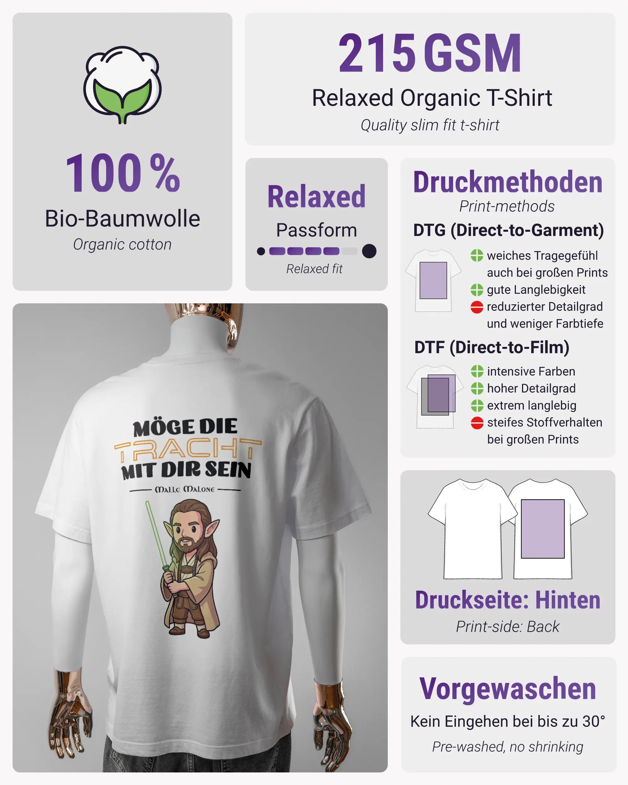 Produktinformationsblatt des Organic Unisex T-Shirt Relaxed von Maondo mit dem Design Tracht mit dir hinten in der Farbe White und in der Größe L
