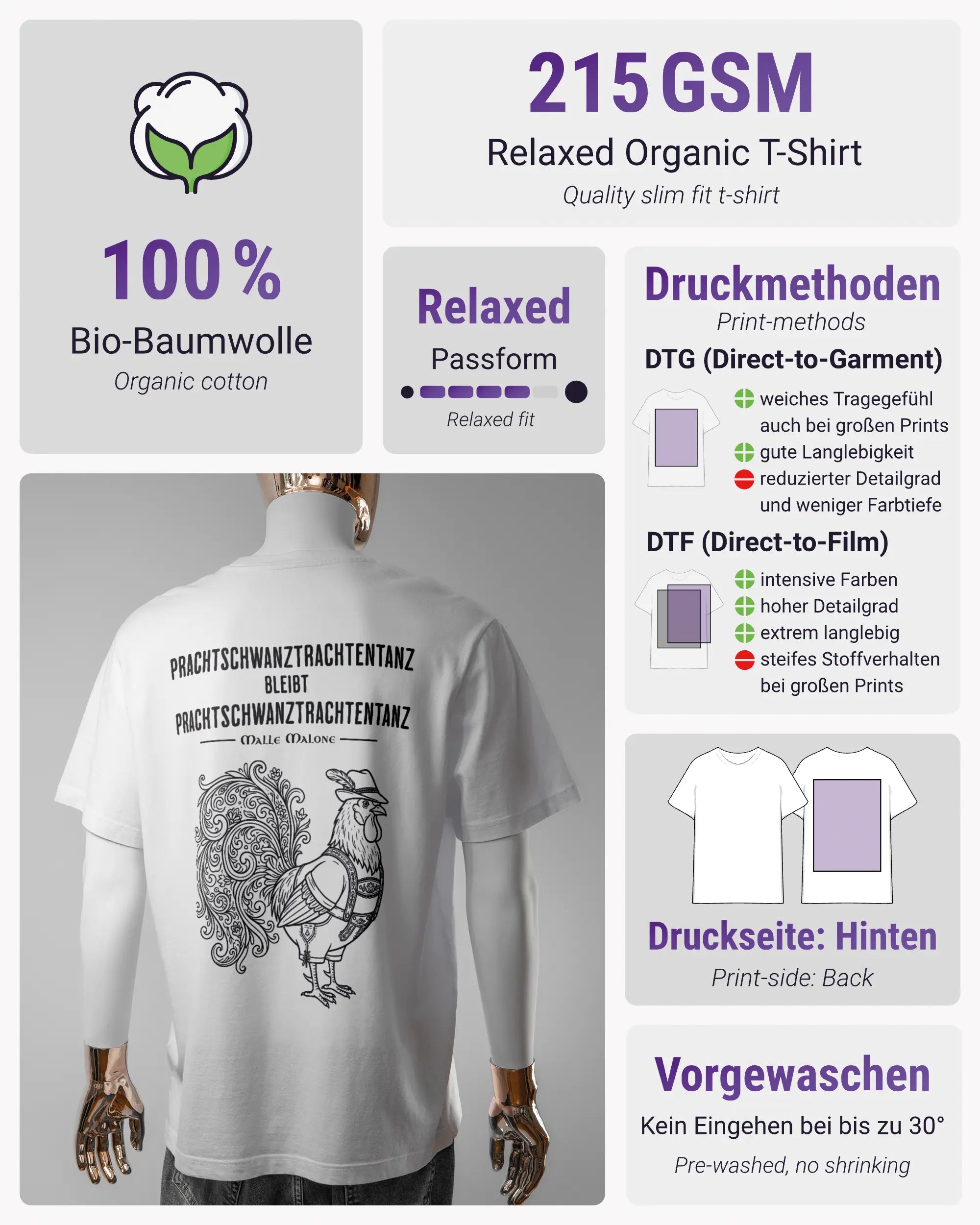 Produktinformationsblatt des Organic Unisex T-Shirt Relaxed von Maondo mit dem Design Trachtentanz hinten in der Farbe White und in der Größe L