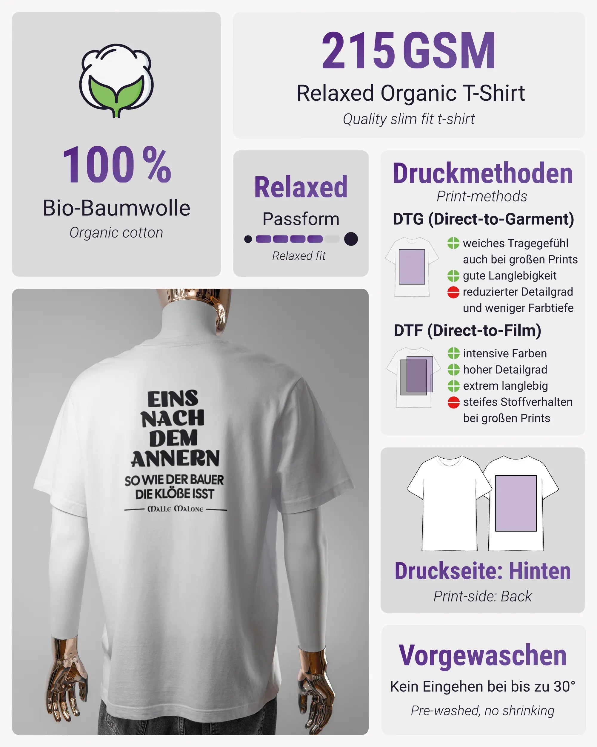 Produktinformationsblatt des Organic Unisex T-Shirt Relaxed von Maondo mit dem Design Eins nach dem Annern hinten in der Farbe White und in der Größe L