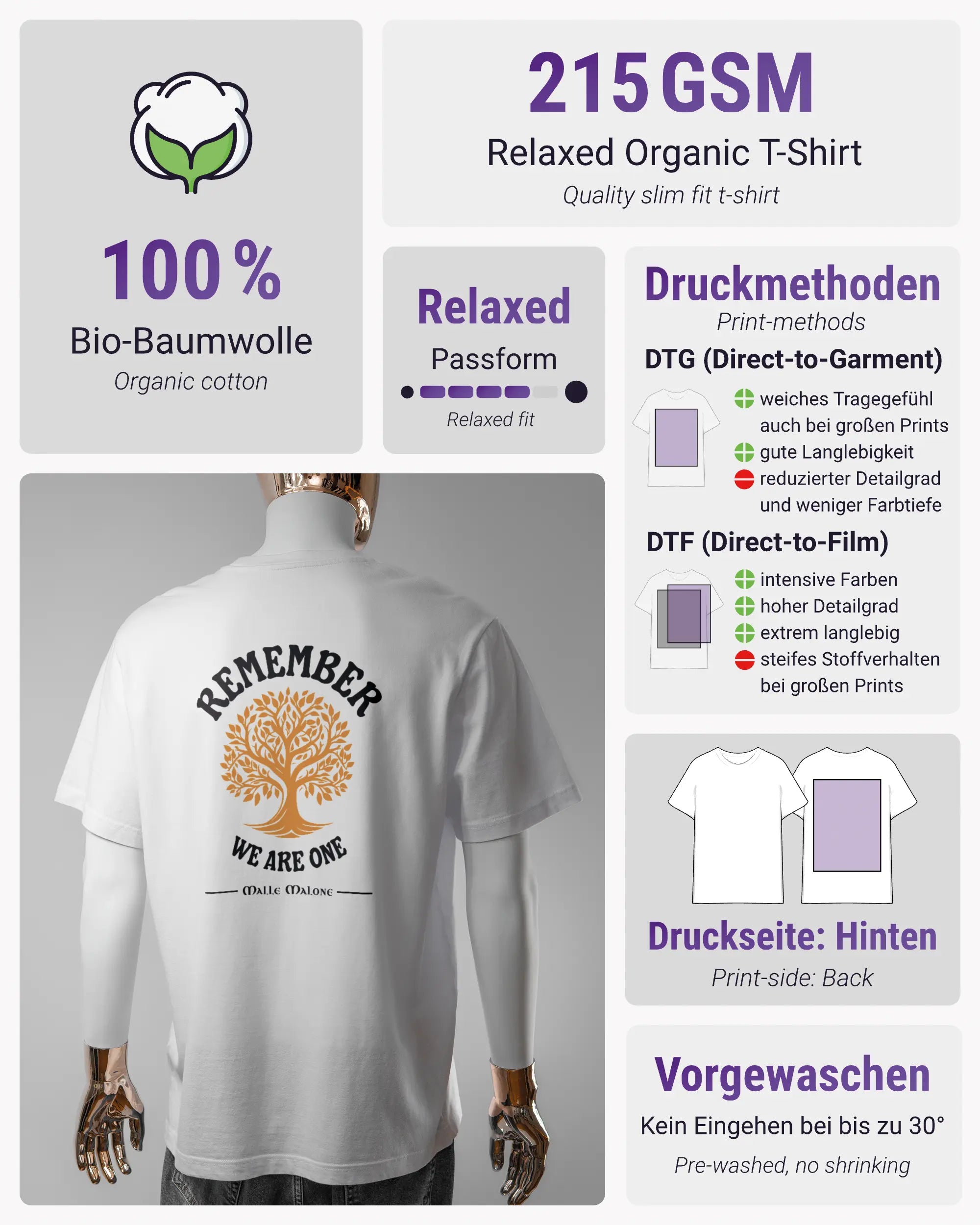 Produktinformationsblatt des Organic Unisex T-Shirt Relaxed von Maondo mit dem Design We are one hinten in der Farbe White und in der Größe L