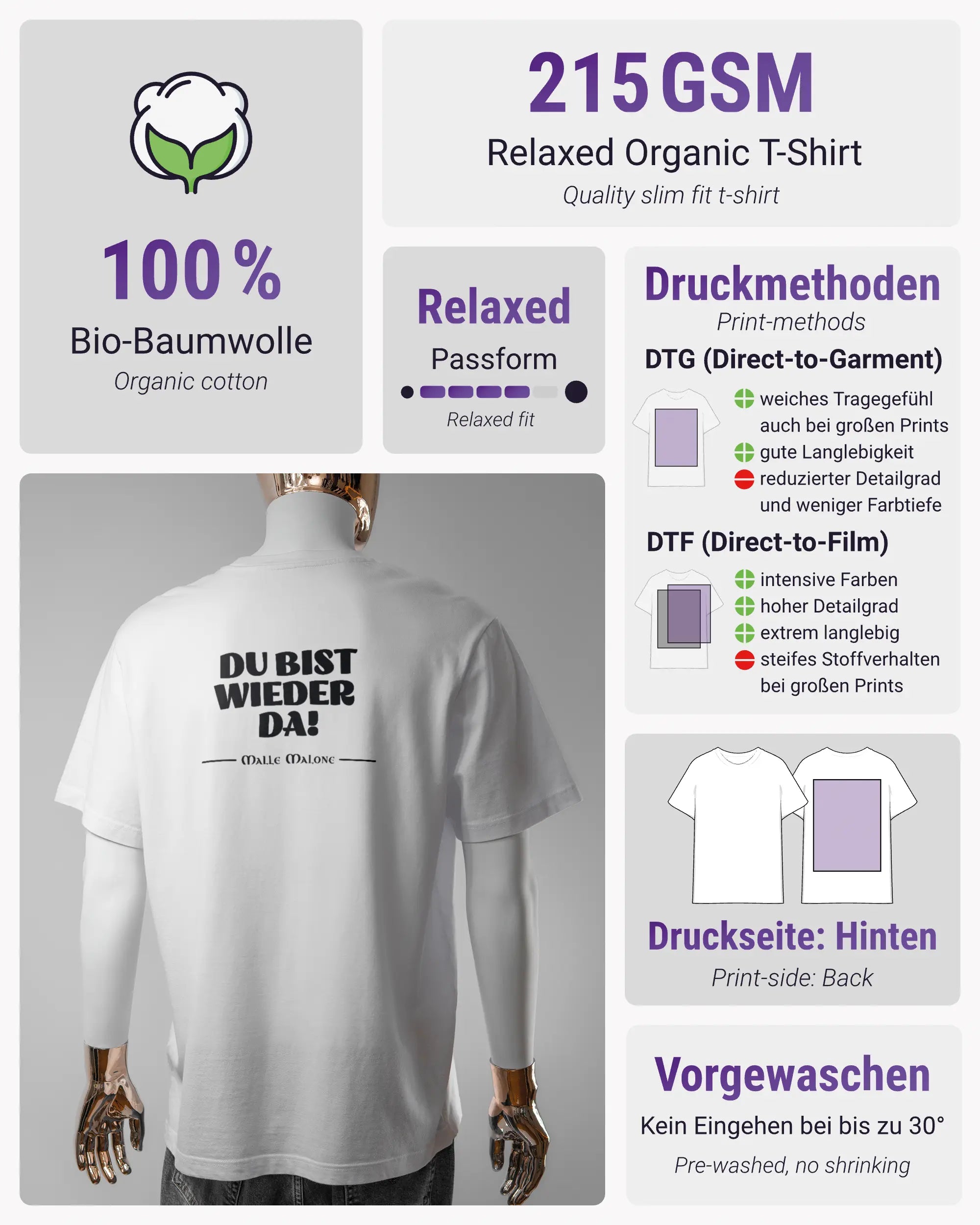 Produktinformationsblatt des Organic Unisex T-Shirt Relaxed von Maondo mit dem Design Wieder da hinten in der Farbe White und in der Größe L