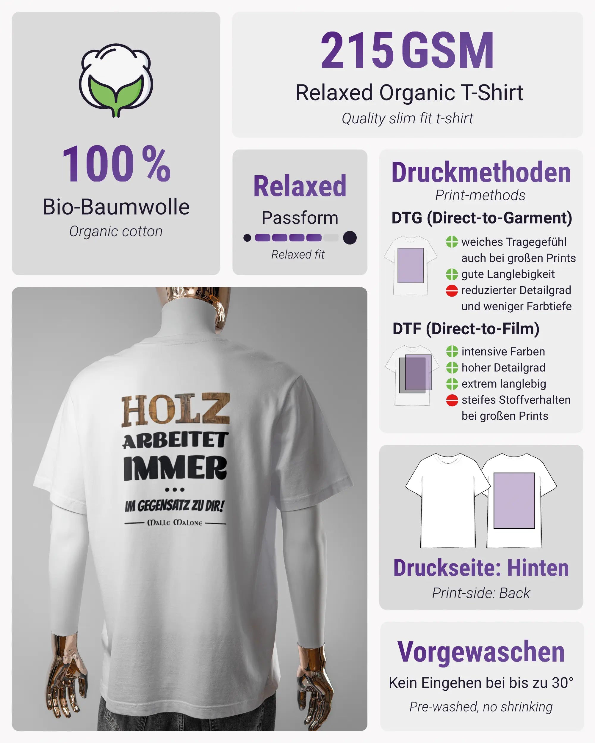 Produktinformationsblatt des Organic Unisex T-Shirt Relaxed von Maondo mit dem Design Holzarbeit hinten in der Farbe White und in der Größe L