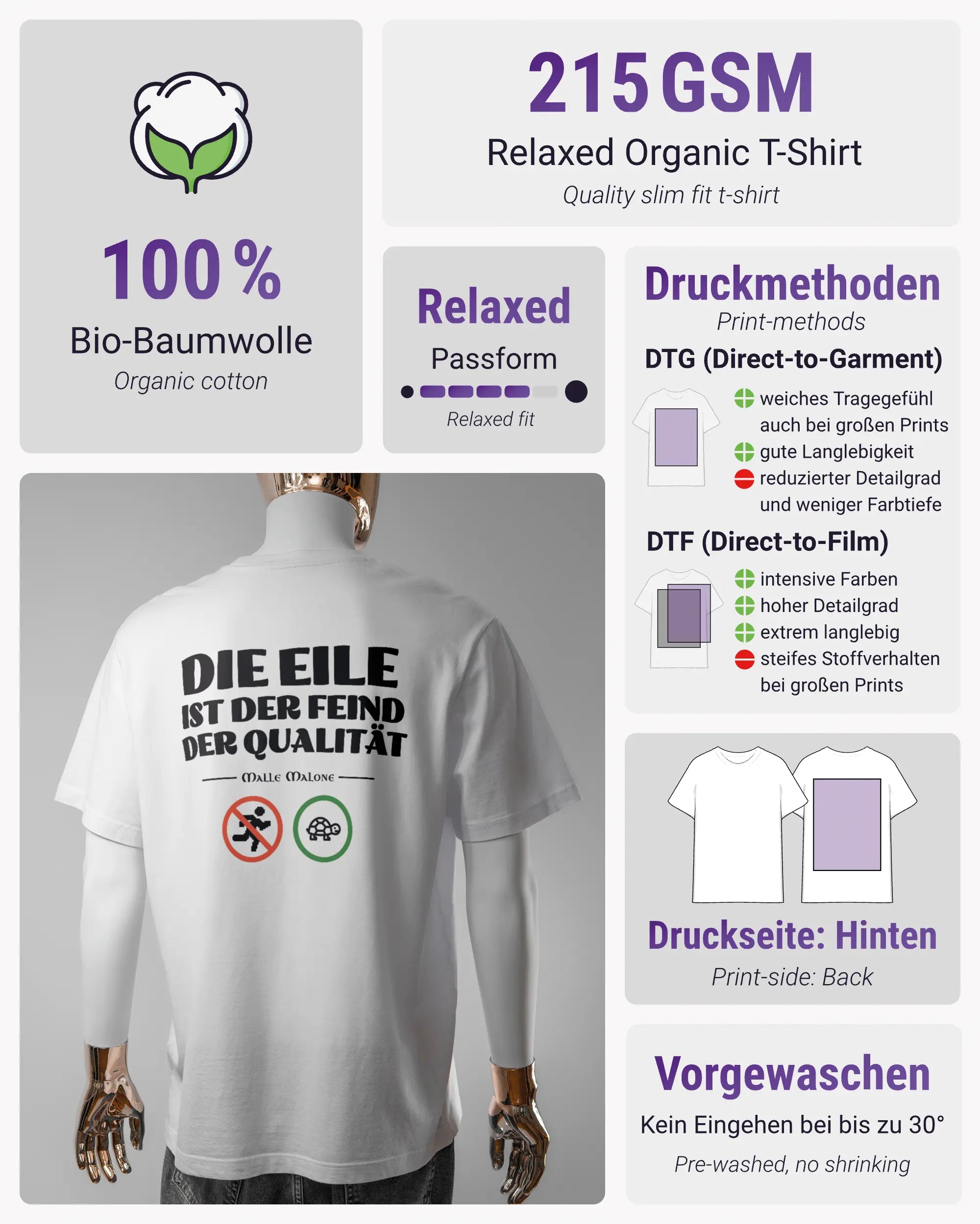 Produktinformationsblatt des Organic Unisex T-Shirt Relaxed von Maondo mit dem Design Keine Eile hinten in der Farbe White und in der Größe L