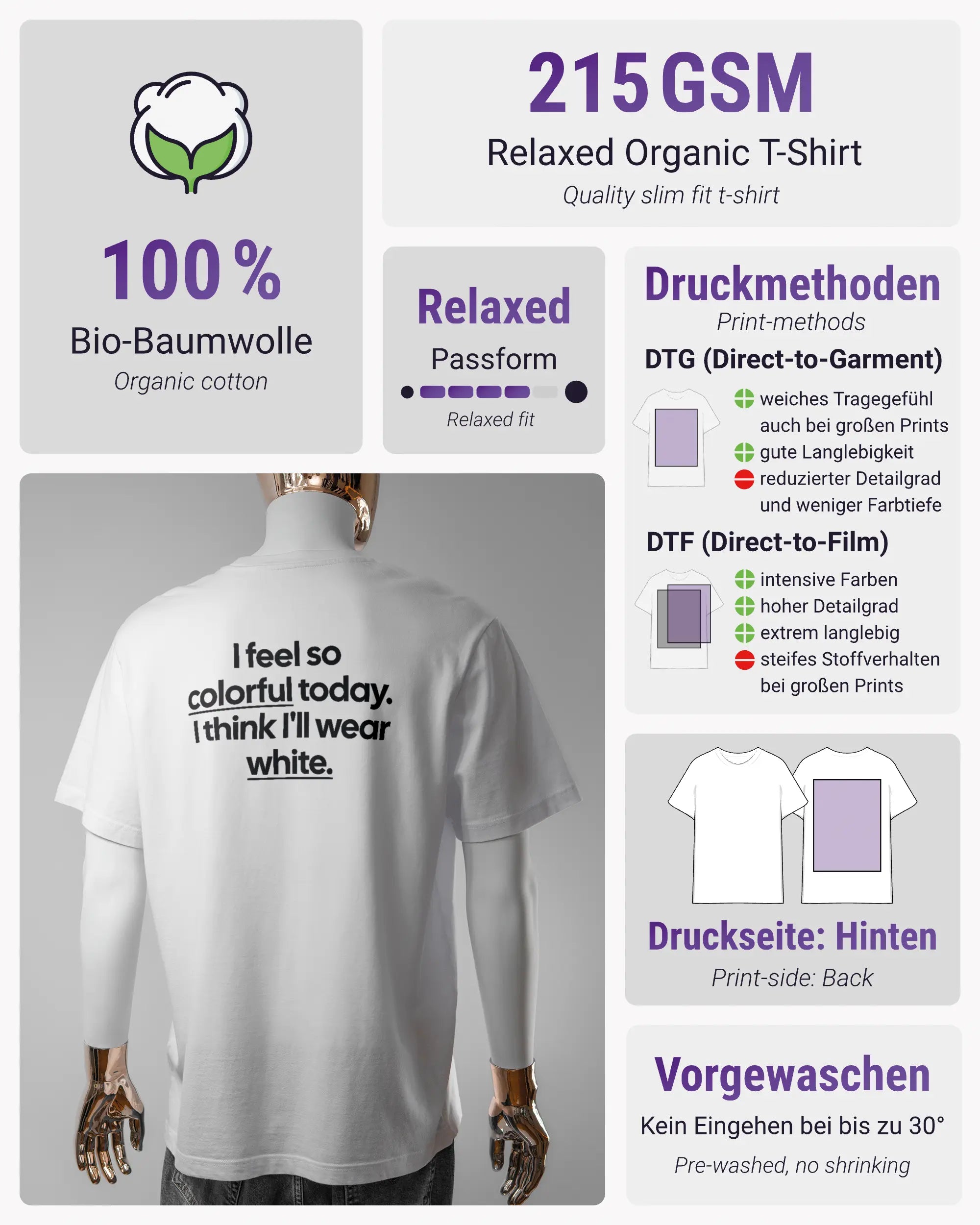 Produktinformationsblatt des Organic Unisex T-Shirt Relaxed von Maondo mit dem Design Colorful Day hinten in der Farbe White und in der Größe L