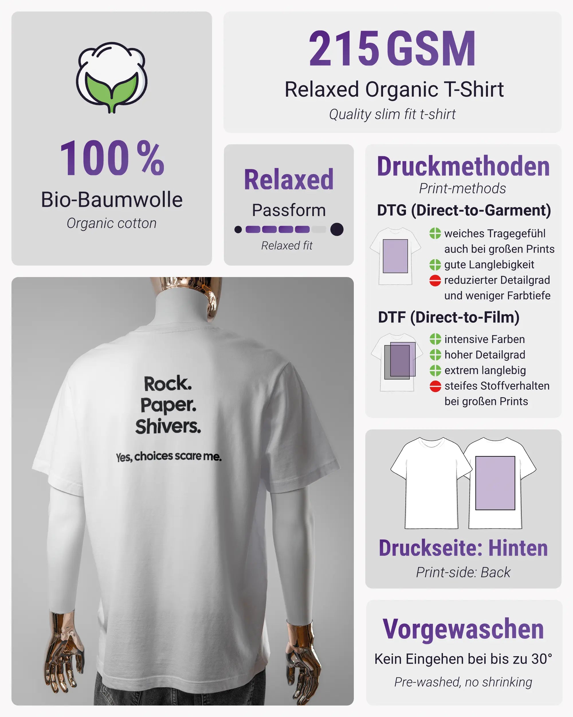 Produktinformationsblatt des Organic Unisex T-Shirt Relaxed von Maondo mit dem Design Rock Paper Shivers hinten in der Farbe White und in der Größe L