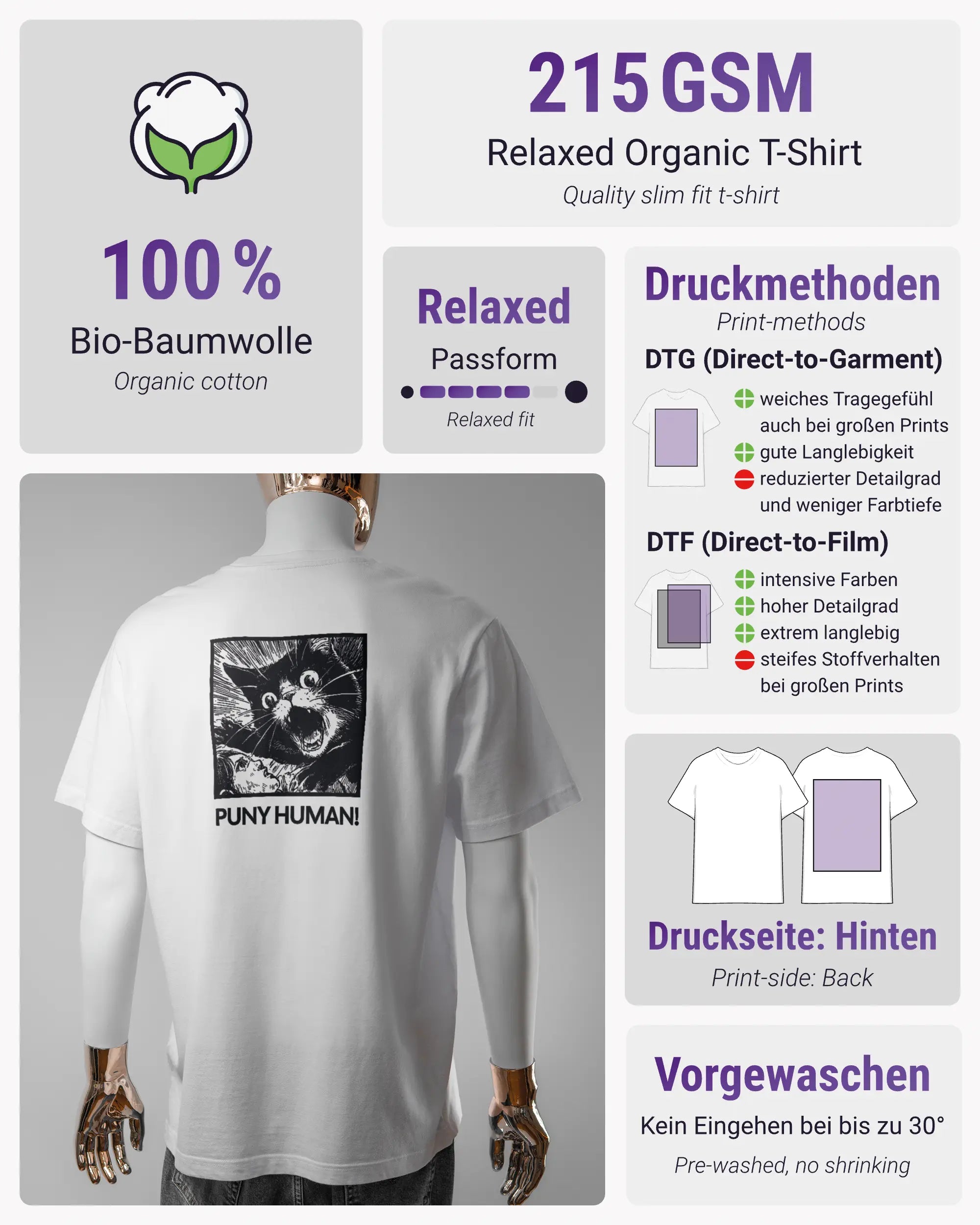 Produktinformationsblatt des Organic Unisex T-Shirt Relaxed von Maondo mit dem Design Puny Human hinten in der Farbe White und in der Größe L