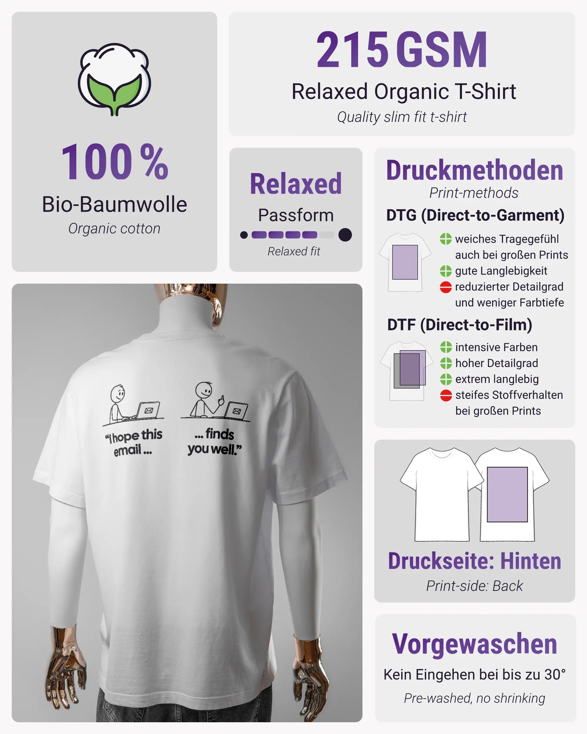 Produktinformationsblatt des Organic Unisex T-Shirt Relaxed von Maondo mit dem Design Found me not well hinten in der Farbe White und in der Größe L