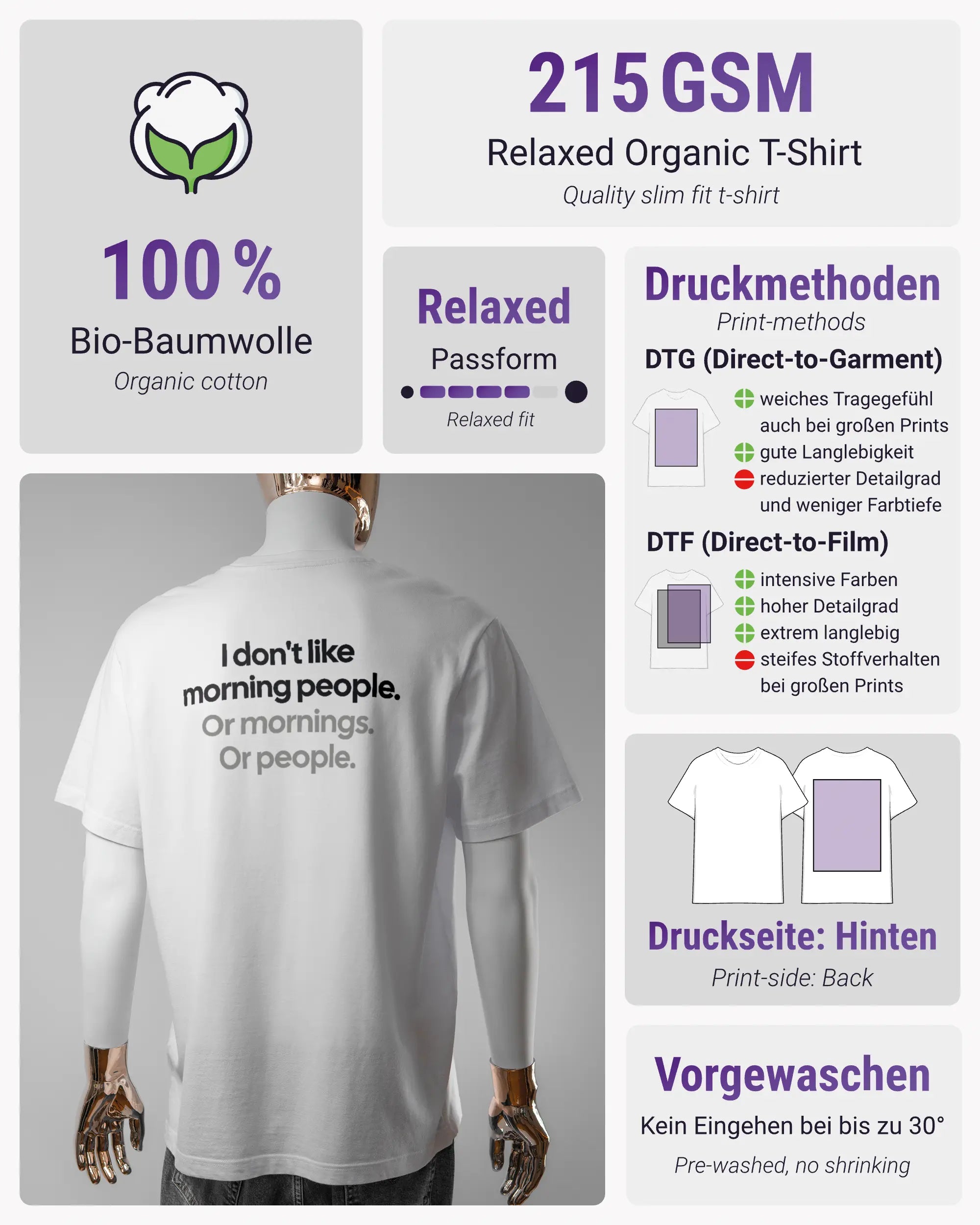 Produktinformationsblatt des Organic Unisex T-Shirt Relaxed von Maondo mit dem Design Morning Person hinten in der Farbe White und in der Größe L
