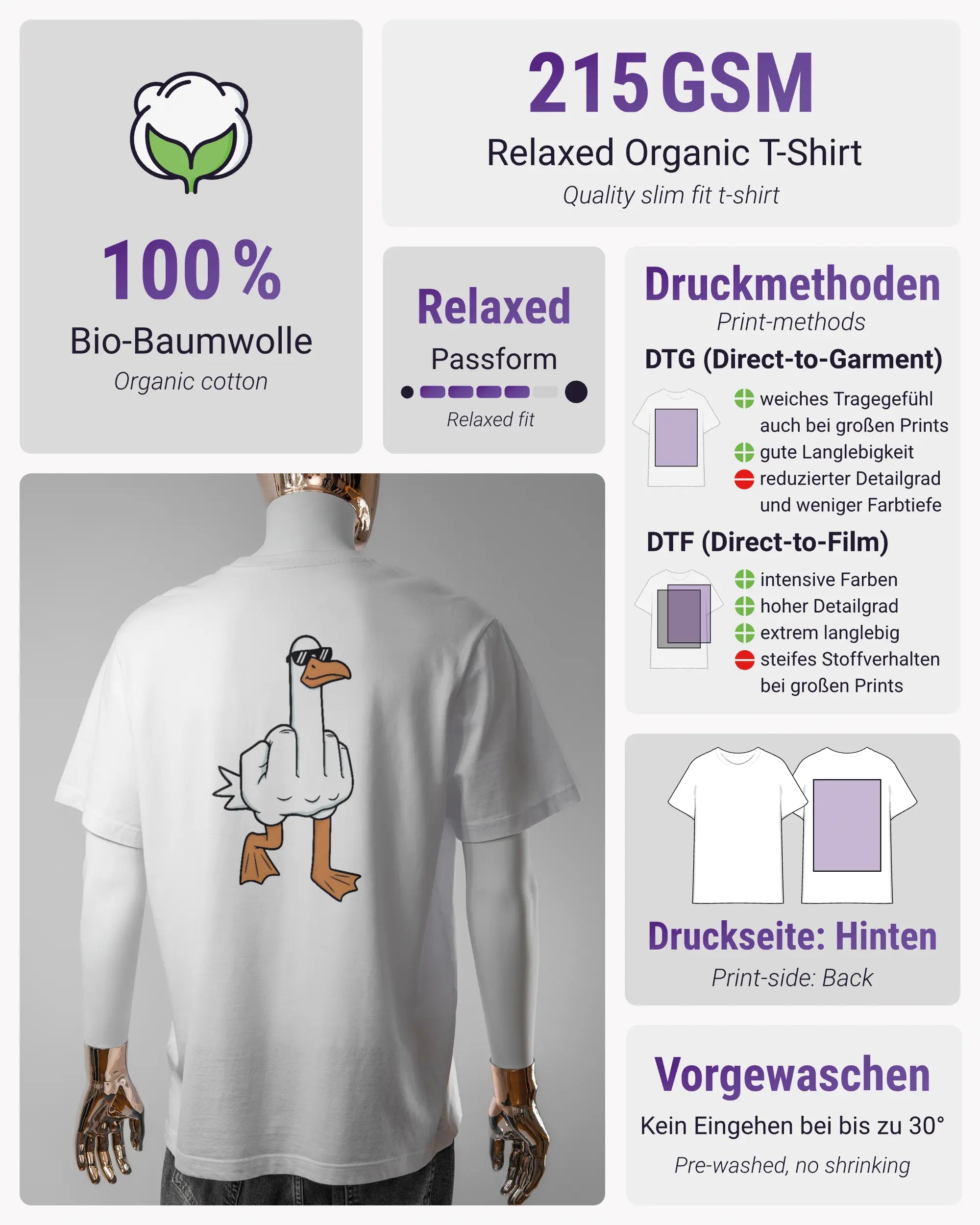 Produktinformationsblatt des Organic Unisex T-Shirt Relaxed von Maondo mit dem Design I give a duck hinten in der Farbe White und in der Größe L