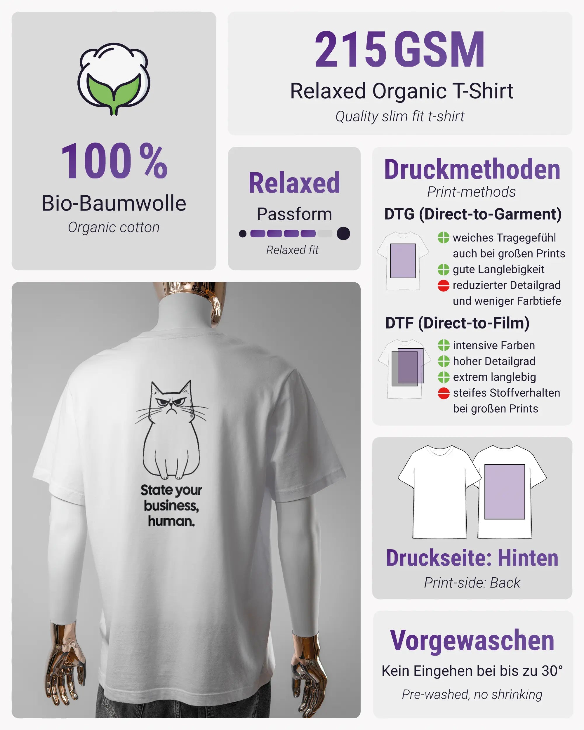 Produktinformationsblatt des Organic Unisex T-Shirt Relaxed von Maondo mit dem Design Grumpy Purr hinten in der Farbe White und in der Größe L