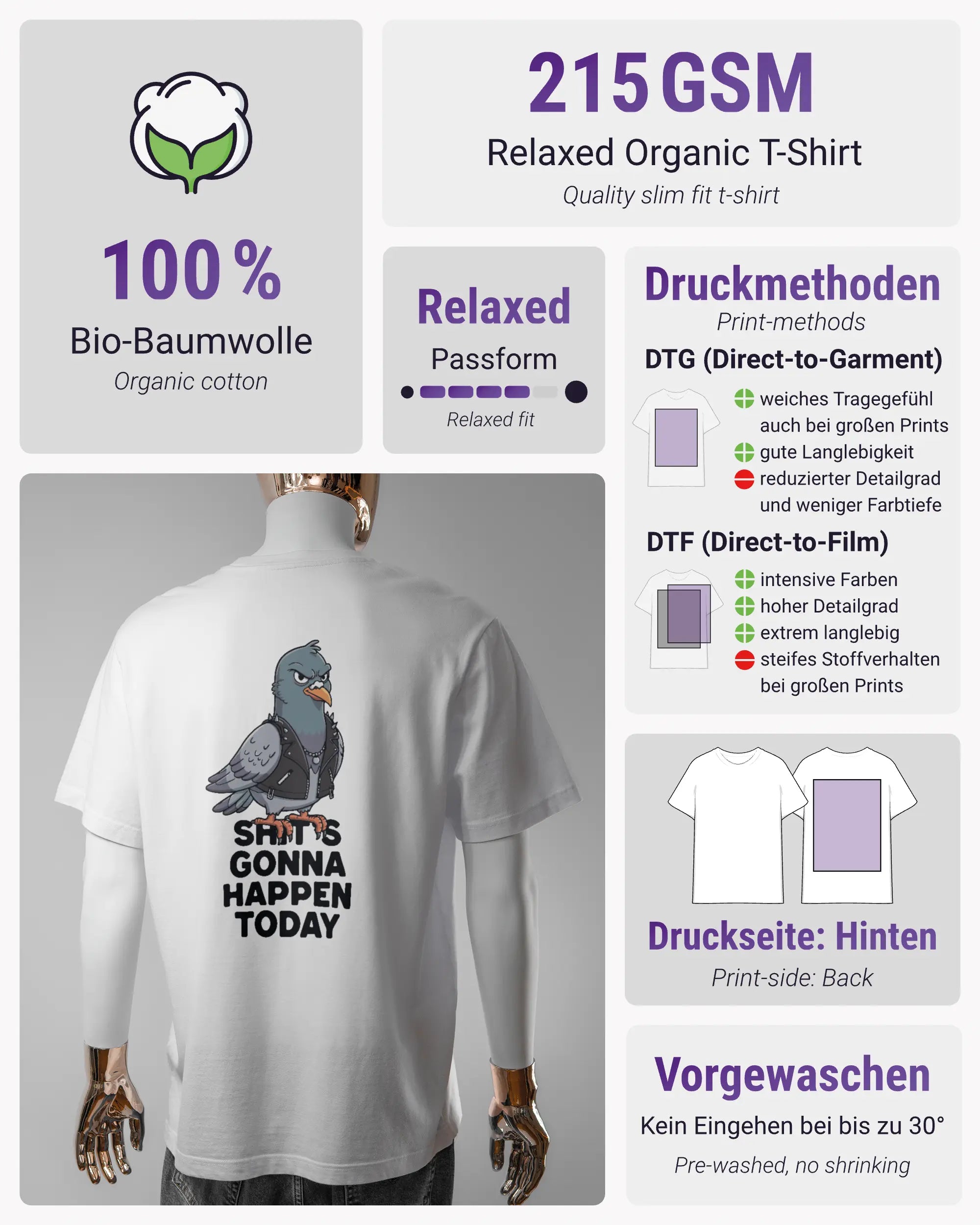 Produktinformationsblatt des Organic Unisex T-Shirt Relaxed von Maondo mit dem Design Pigeon Pun hinten in der Farbe White und in der Größe L