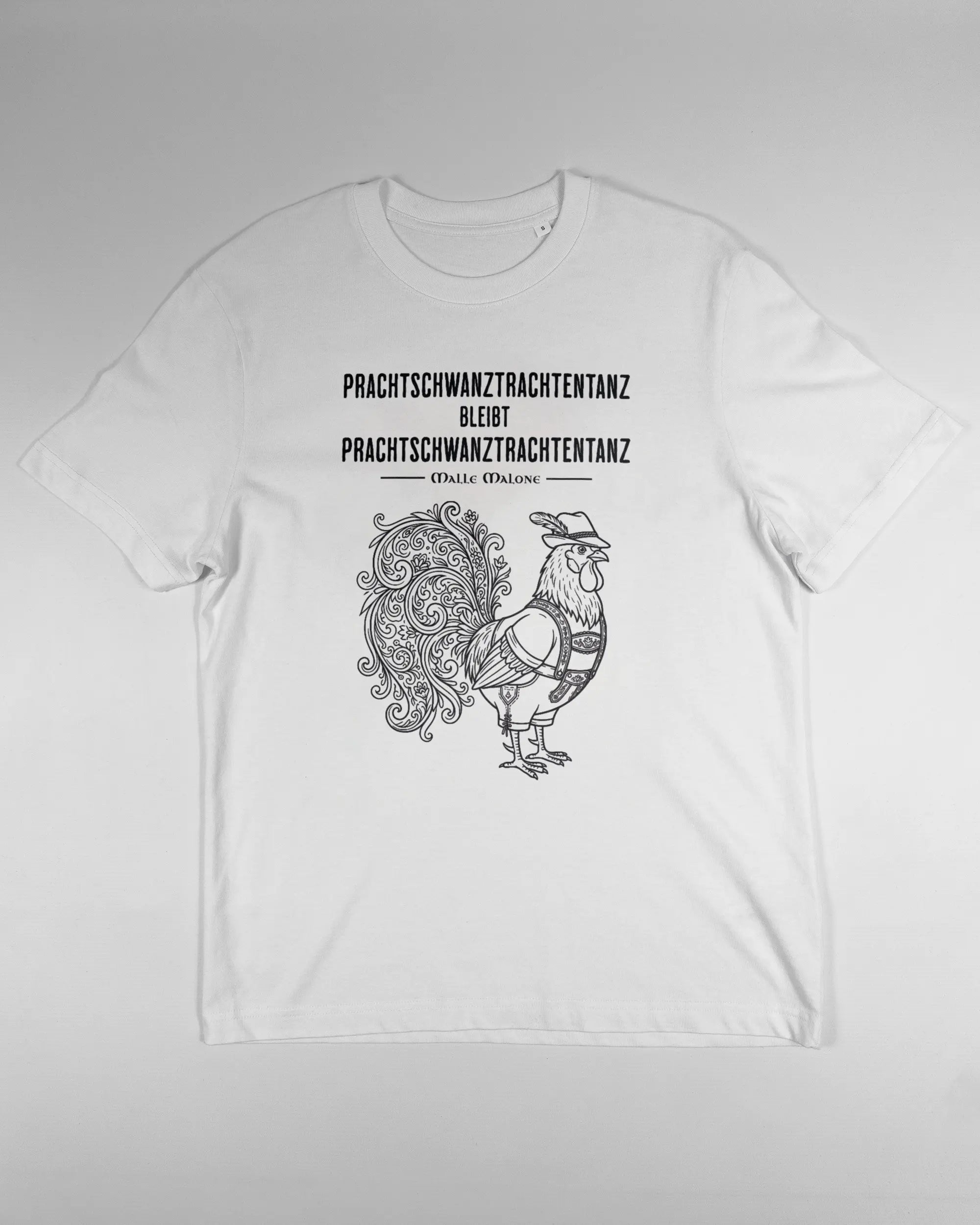 Vorderseite des Organic Unisex T-Shirt Relaxed von Maondo mit dem Design Trachtentanz in der Farbe White und in der Größe S flach auf den Boden gelegt