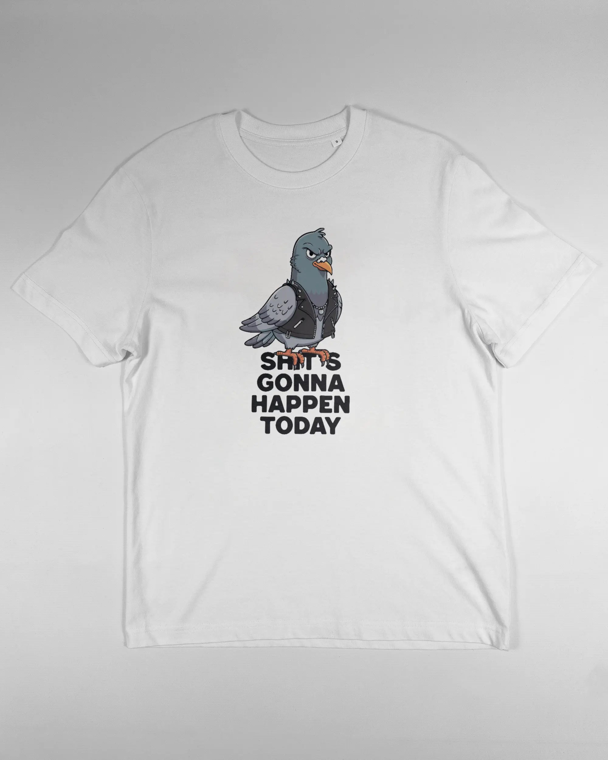 Vorderseite des Organic Unisex T-Shirt Relaxed von Maondo mit dem Design Pigeon Pun in der Farbe White und in der Größe S flach auf den Boden gelegt