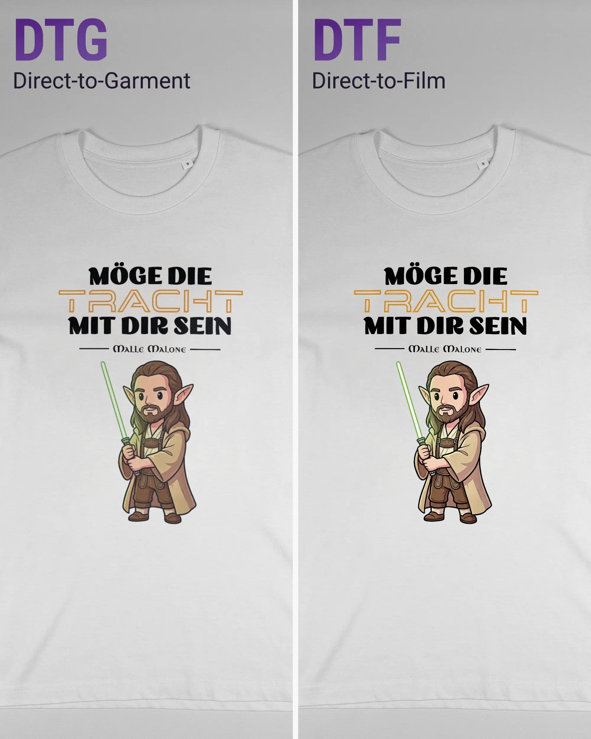 Vergleich der Vorderseiten des Organic Unisex T-Shirt Relaxed von Maondo mit dem Design Tracht mit dir in der Farbe White und in der Größe S links mit dem Direct-to-Garment und rechts mit dem Direct-to-Film Verfahren