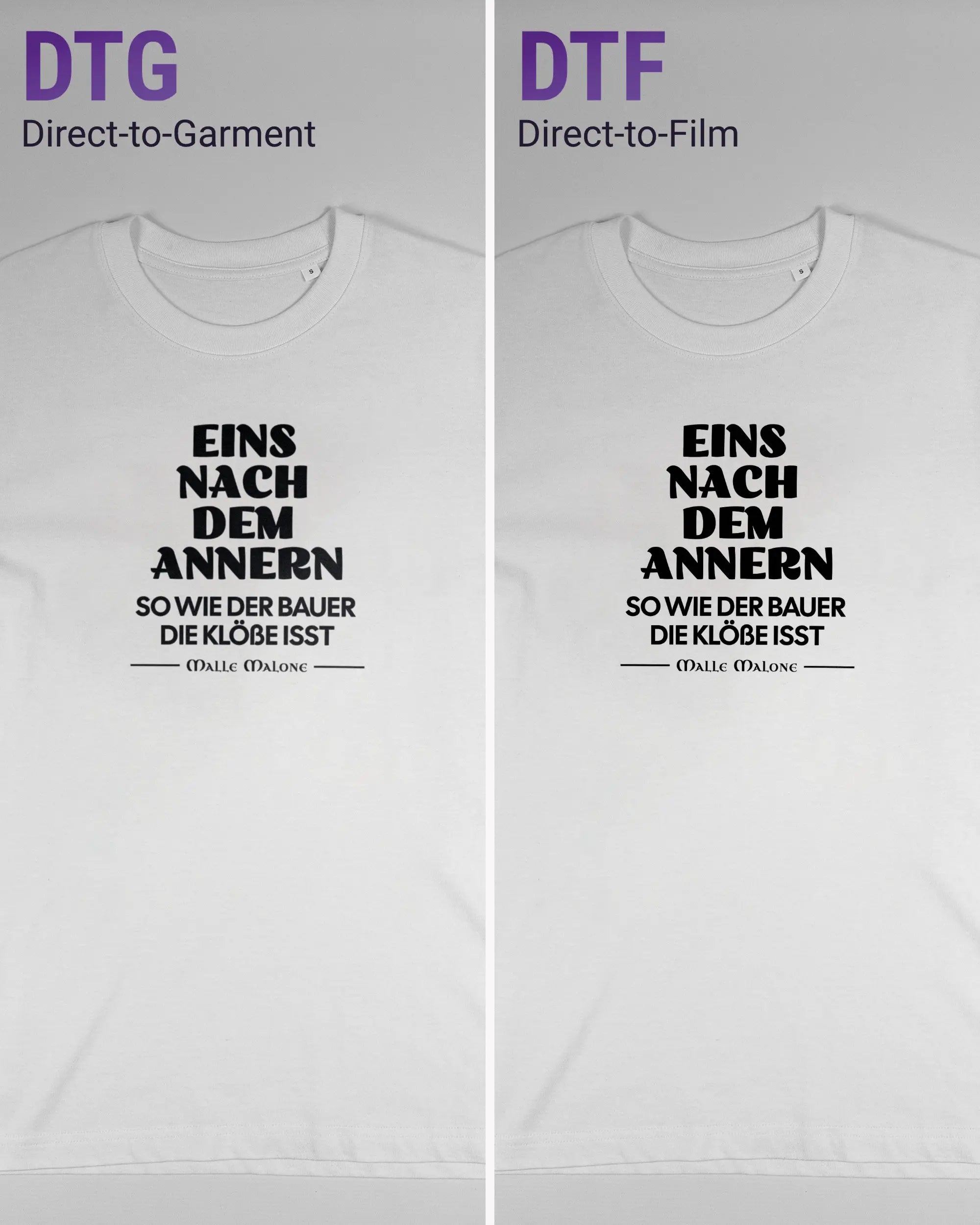 Vergleich der Vorderseiten des Organic Unisex T-Shirt Relaxed von Maondo mit dem Design Eins nach dem Annern in der Farbe White und in der Größe S links mit dem Direct-to-Garment und rechts mit dem Direct-to-Film Verfahren