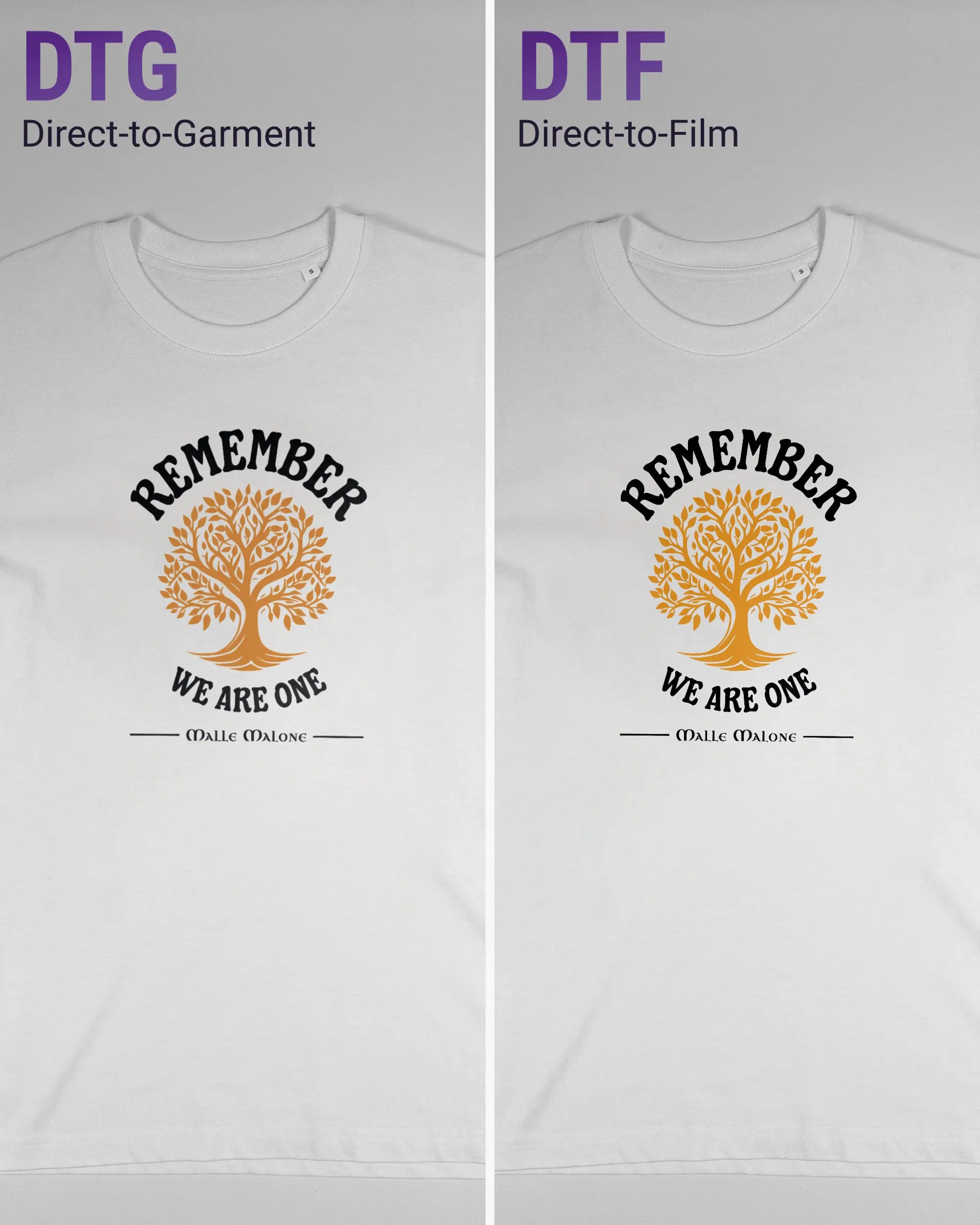 Vergleich der Vorderseiten des Organic Unisex T-Shirt Relaxed von Maondo mit dem Design We are one in der Farbe White und in der Größe S links mit dem Direct-to-Garment und rechts mit dem Direct-to-Film Verfahren