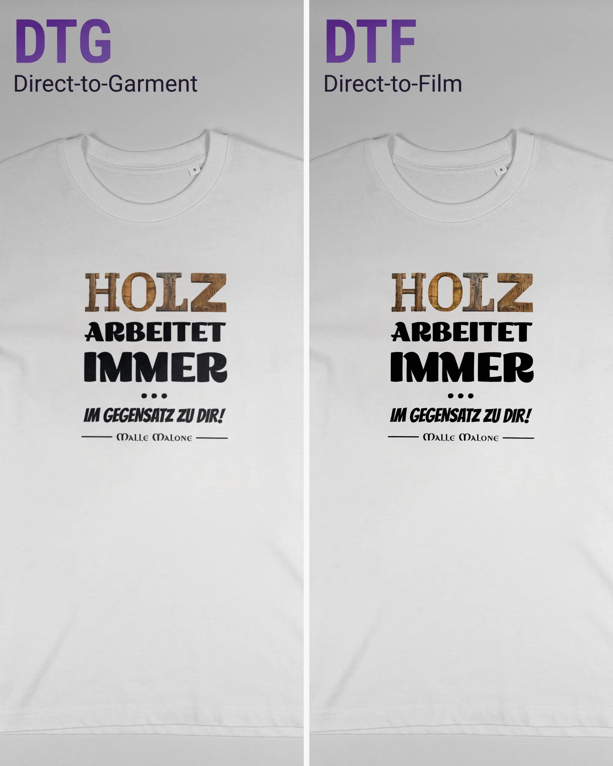 Vergleich der Vorderseiten des Organic Unisex T-Shirt Relaxed von Maondo mit dem Design Holzarbeit in der Farbe White und in der Größe S links mit dem Direct-to-Garment und rechts mit dem Direct-to-Film Verfahren