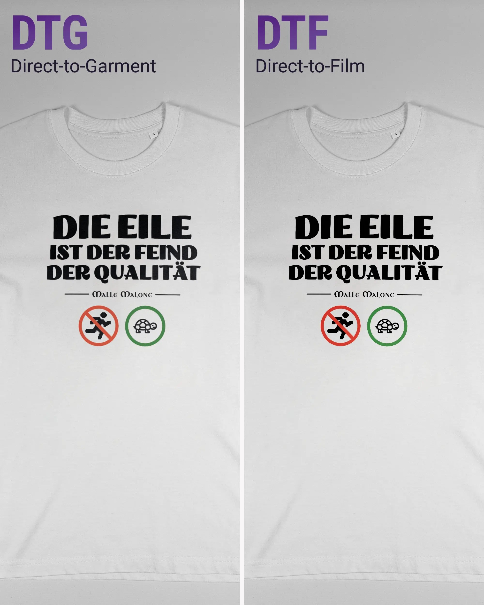 Vergleich der Vorderseiten des Organic Unisex T-Shirt Relaxed von Maondo mit dem Design Keine Eile in der Farbe White und in der Größe S links mit dem Direct-to-Garment und rechts mit dem Direct-to-Film Verfahren