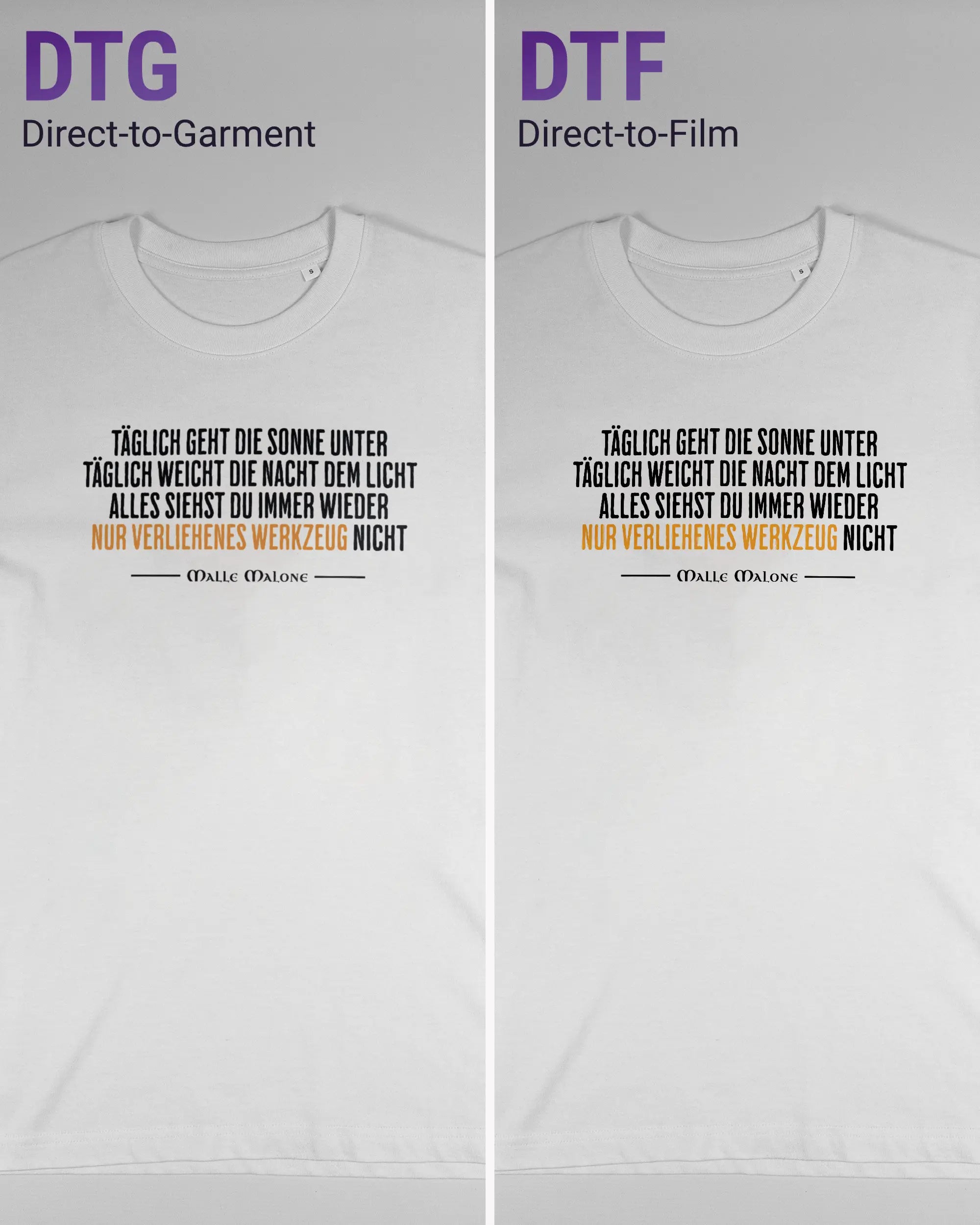 Vergleich der Vorderseiten des Organic Unisex T-Shirt Relaxed von Maondo mit dem Design Wegzeug in der Farbe White und in der Größe S links mit dem Direct-to-Garment und rechts mit dem Direct-to-Film Verfahren
