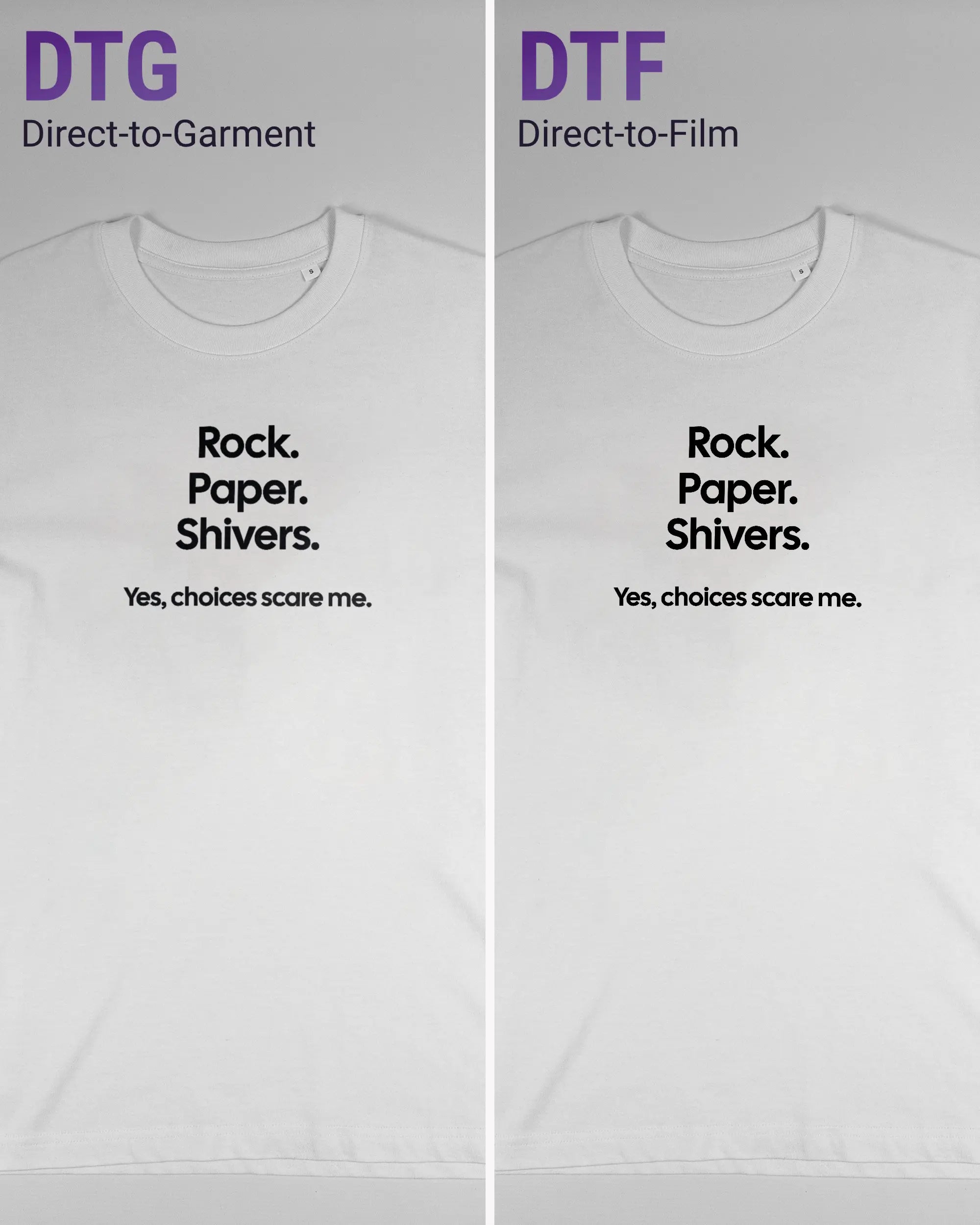 Vergleich der Vorderseiten des Organic Unisex T-Shirt Relaxed von Maondo mit dem Design Rock Paper Shivers in der Farbe White und in der Größe S links mit dem Direct-to-Garment und rechts mit dem Direct-to-Film Verfahren