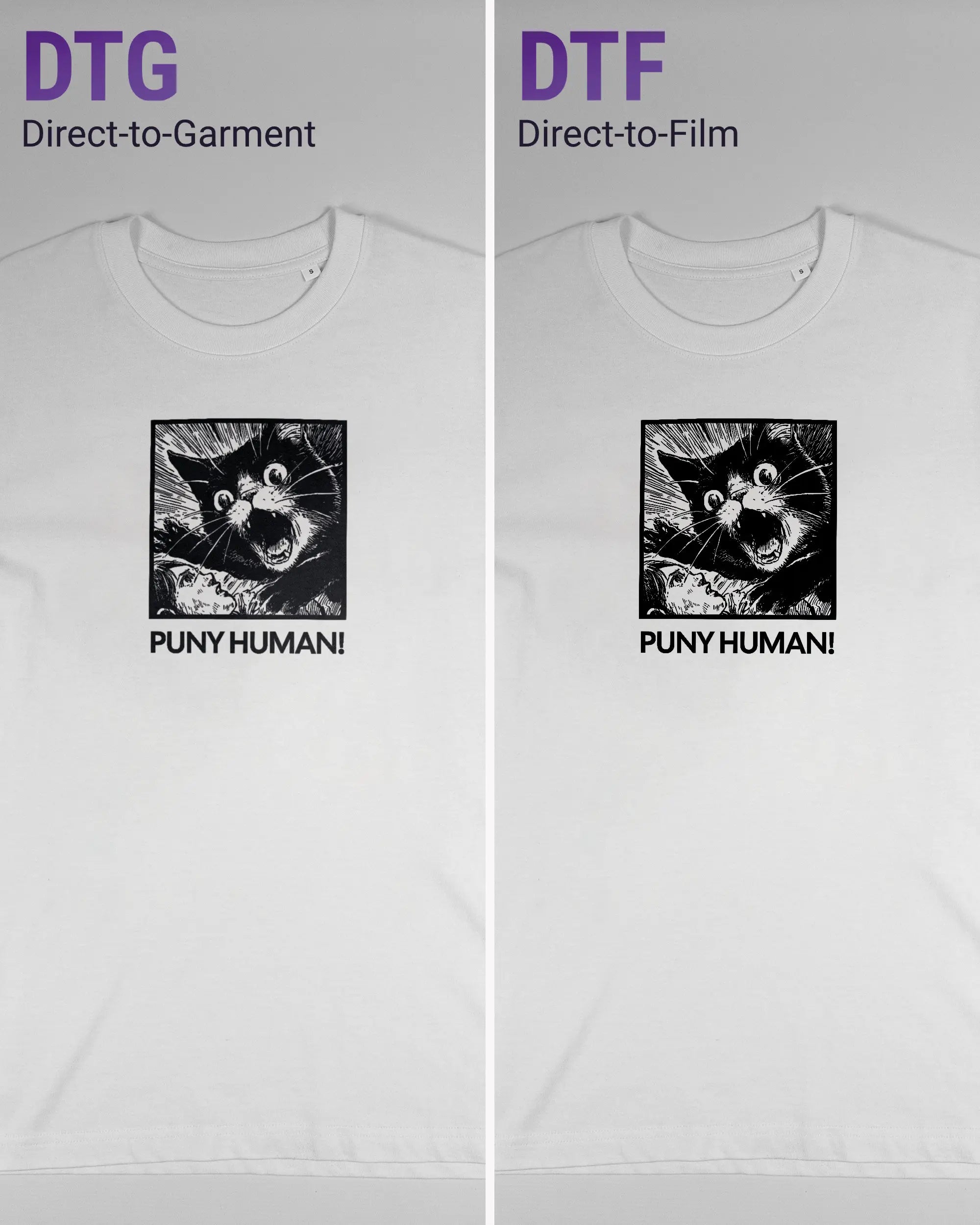 Vergleich der Vorderseiten des Organic Unisex T-Shirt Relaxed von Maondo mit dem Design Puny Human in der Farbe White und in der Größe S links mit dem Direct-to-Garment und rechts mit dem Direct-to-Film Verfahren