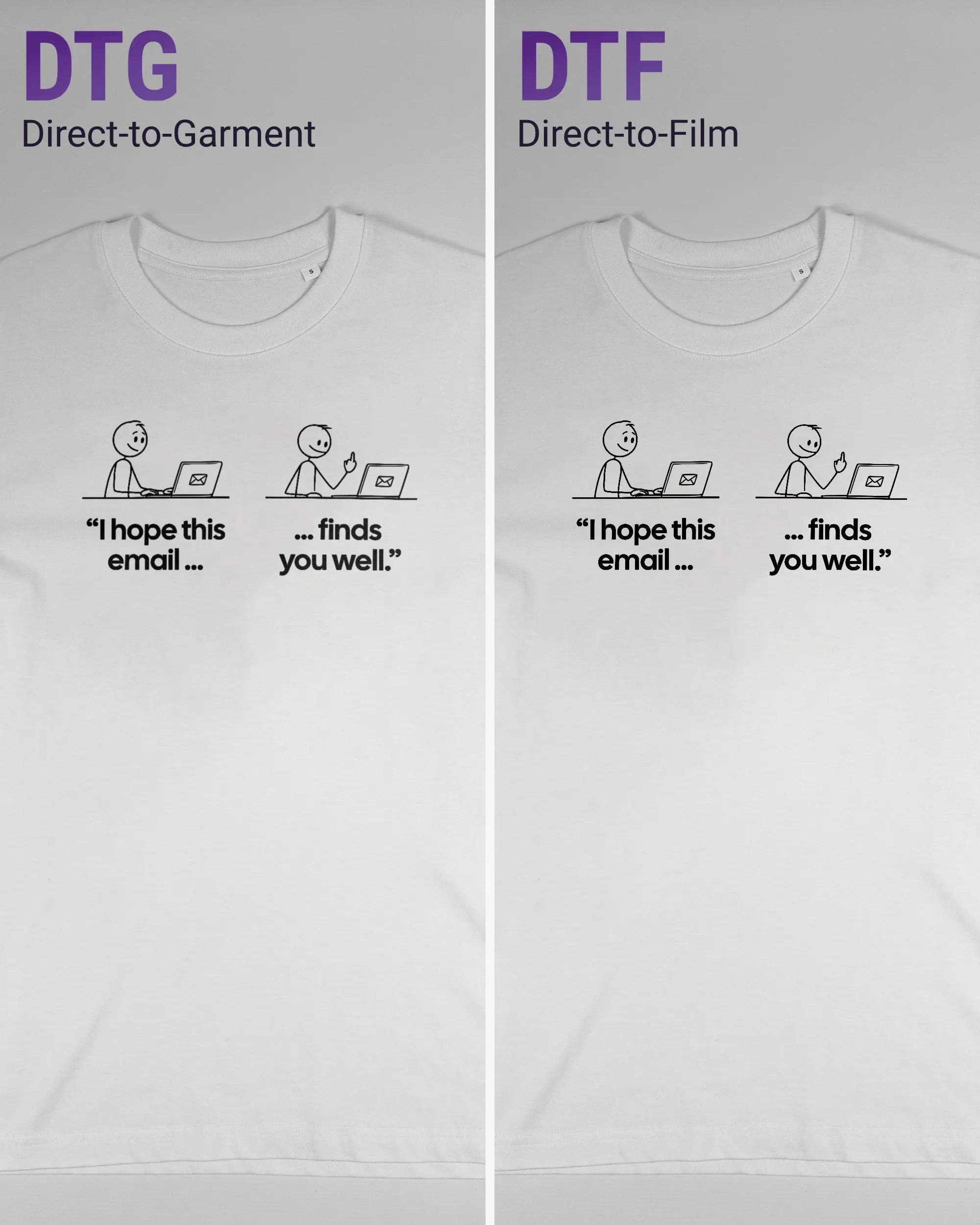 Vergleich der Vorderseiten des Organic Unisex T-Shirt Relaxed von Maondo mit dem Design Found me not well in der Farbe White und in der Größe S links mit dem Direct-to-Garment und rechts mit dem Direct-to-Film Verfahren