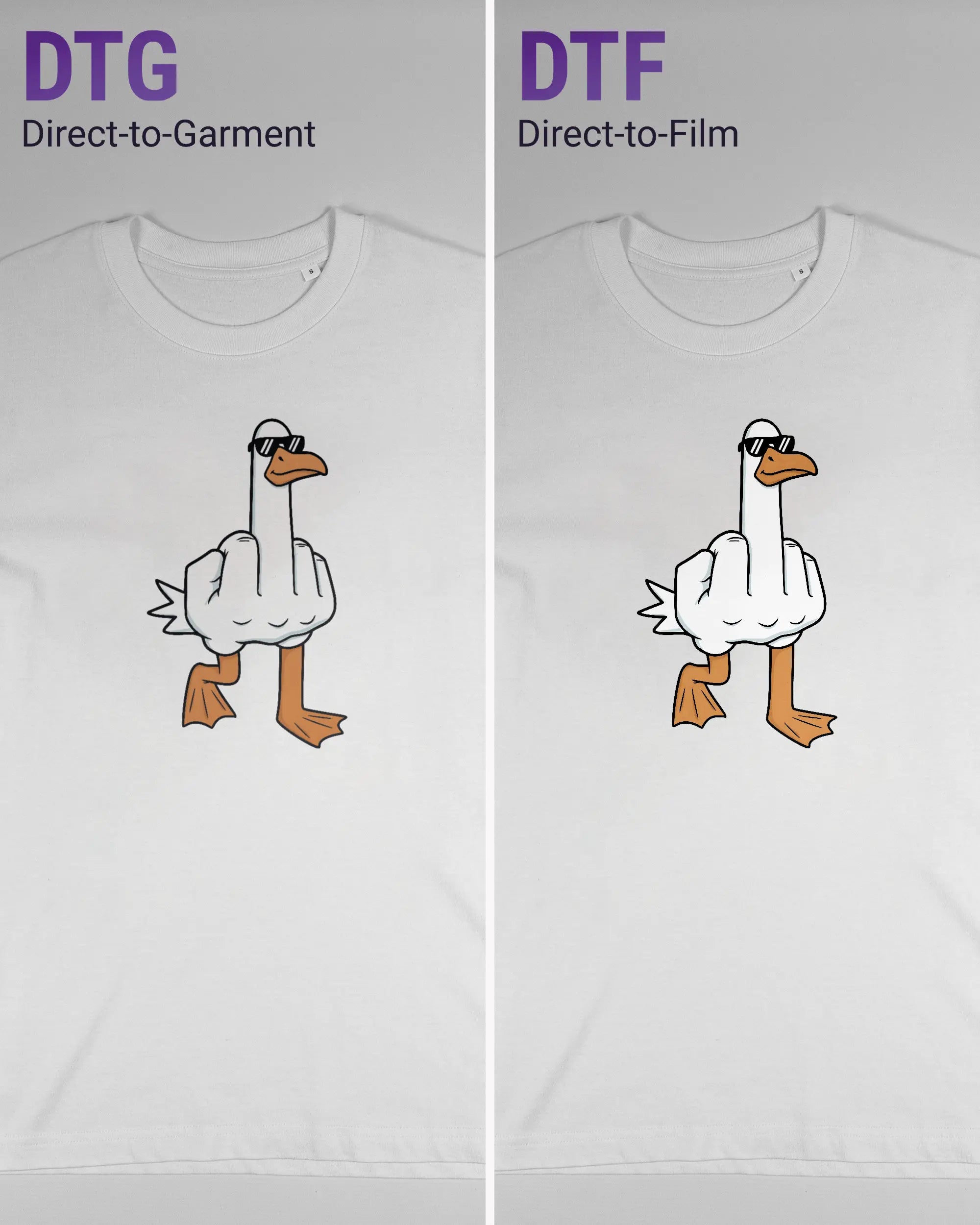Vergleich der Vorderseiten des Organic Unisex T-Shirt Relaxed von Maondo mit dem Design I give a duck in der Farbe White und in der Größe S links mit dem Direct-to-Garment und rechts mit dem Direct-to-Film Verfahren