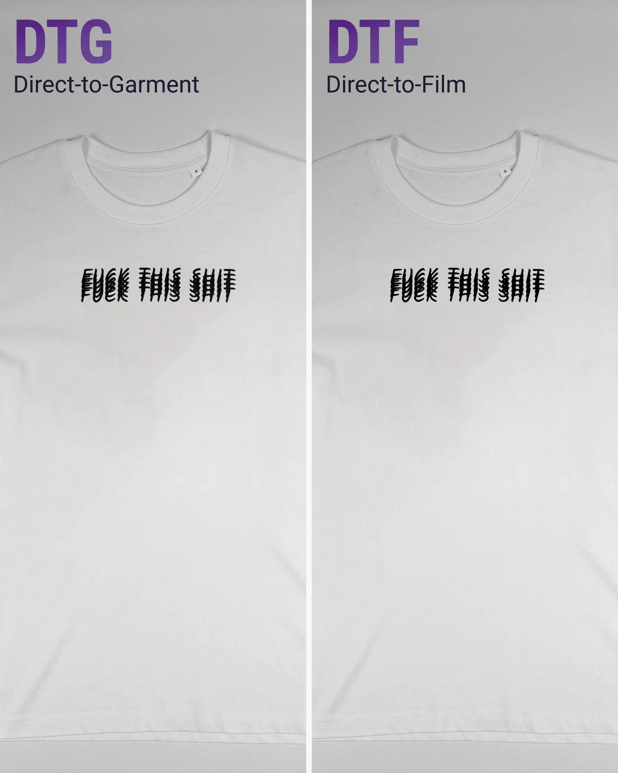 Vergleich der Vorderseiten des Organic Unisex T-Shirt Relaxed von Maondo mit dem Design Hidden Message in der Farbe White und in der Größe S links mit dem Direct-to-Garment und rechts mit dem Direct-to-Film Verfahren