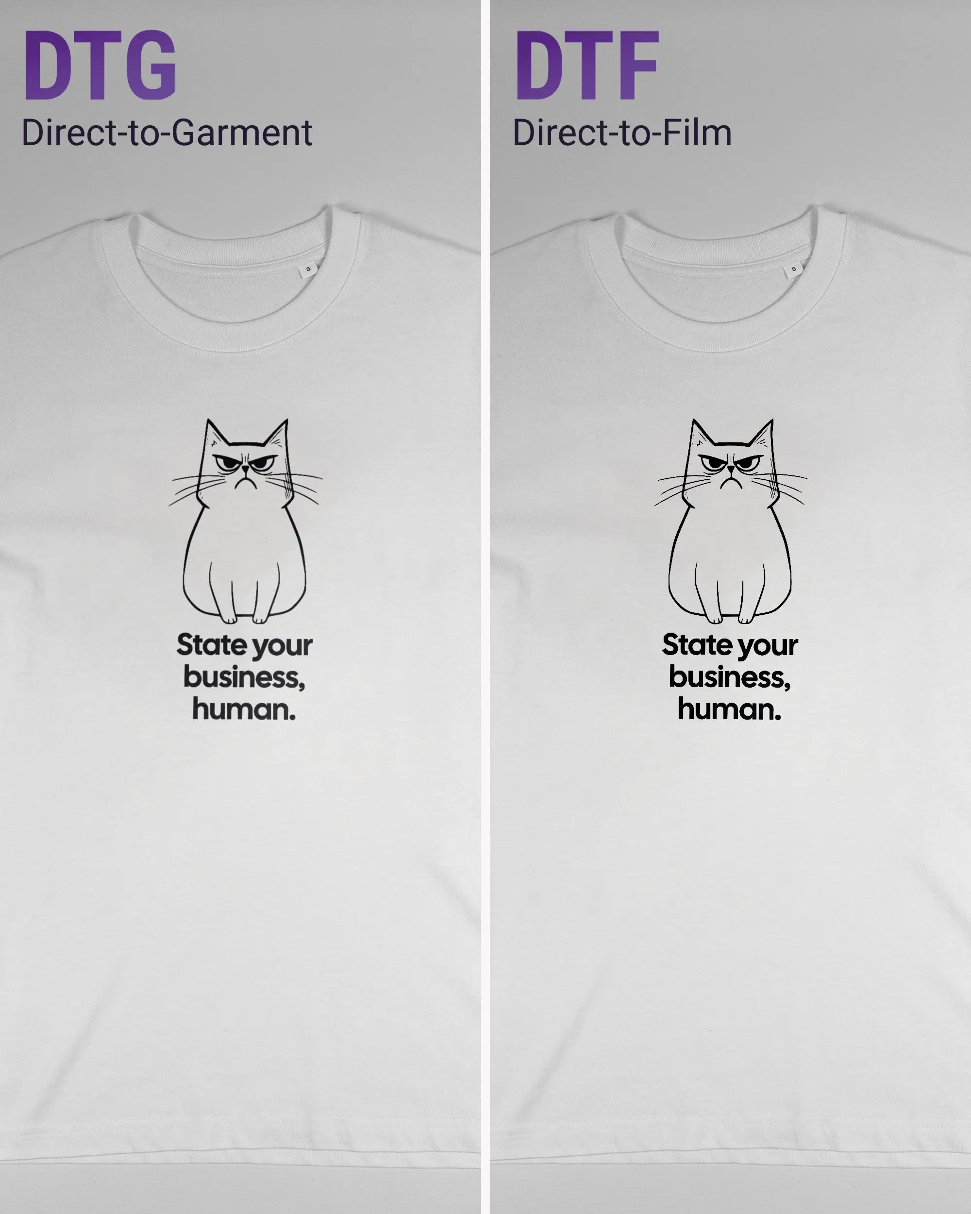 Vergleich der Vorderseiten des Organic Unisex T-Shirt Relaxed von Maondo mit dem Design Grumpy Purr in der Farbe White und in der Größe S links mit dem Direct-to-Garment und rechts mit dem Direct-to-Film Verfahren