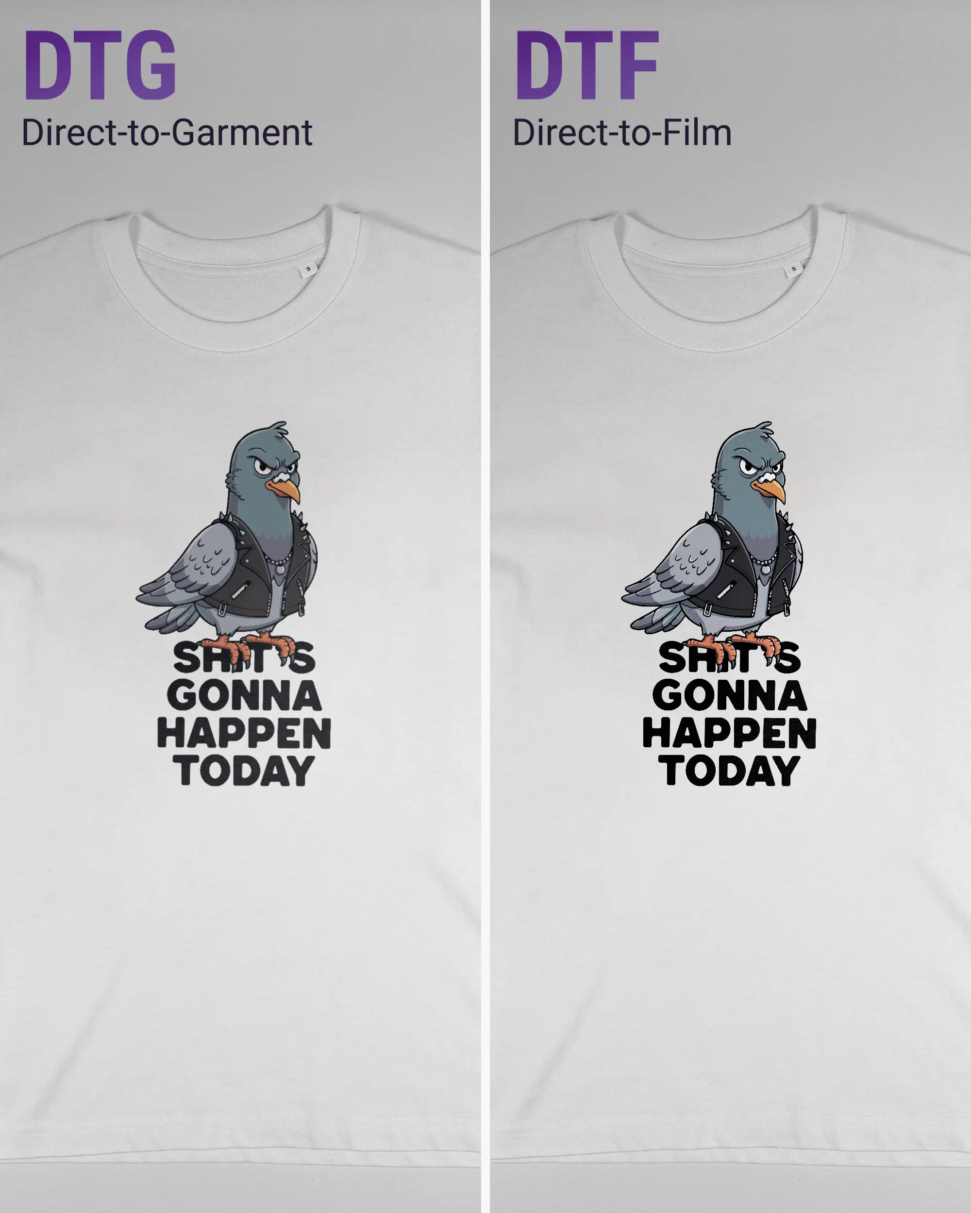 Vergleich der Vorderseiten des Organic Unisex T-Shirt Relaxed von Maondo mit dem Design Pigeon Pun in der Farbe White und in der Größe S links mit dem Direct-to-Garment und rechts mit dem Direct-to-Film Verfahren