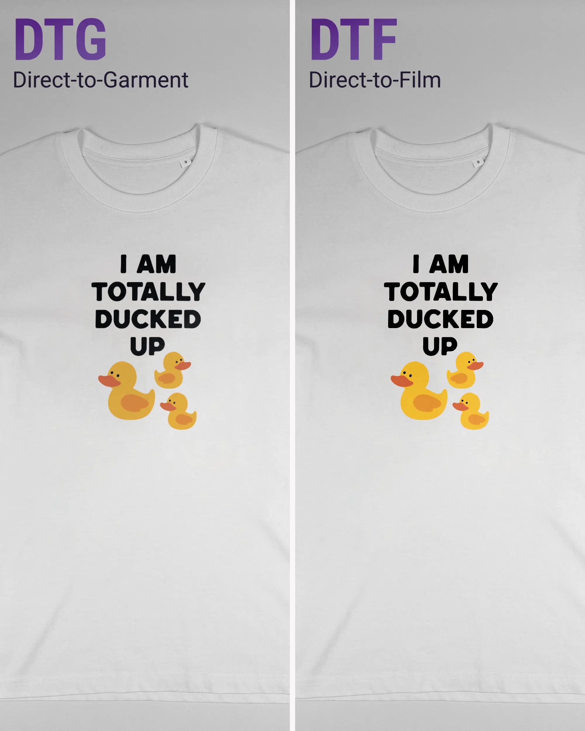 Vergleich der Vorderseiten des Organic Unisex T-Shirt Relaxed von Maondo mit dem Design Ducked Up in der Farbe White und in der Größe S links mit dem Direct-to-Garment und rechts mit dem Direct-to-Film Verfahren