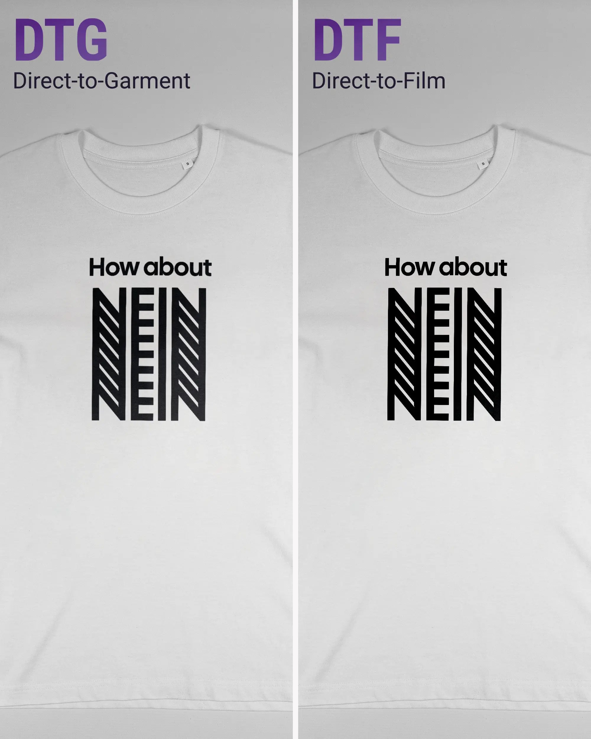 Vergleich der Vorderseiten des Organic Unisex T-Shirt Relaxed von Maondo mit dem Design How about nein in der Farbe White und in der Größe S links mit dem Direct-to-Garment und rechts mit dem Direct-to-Film Verfahren