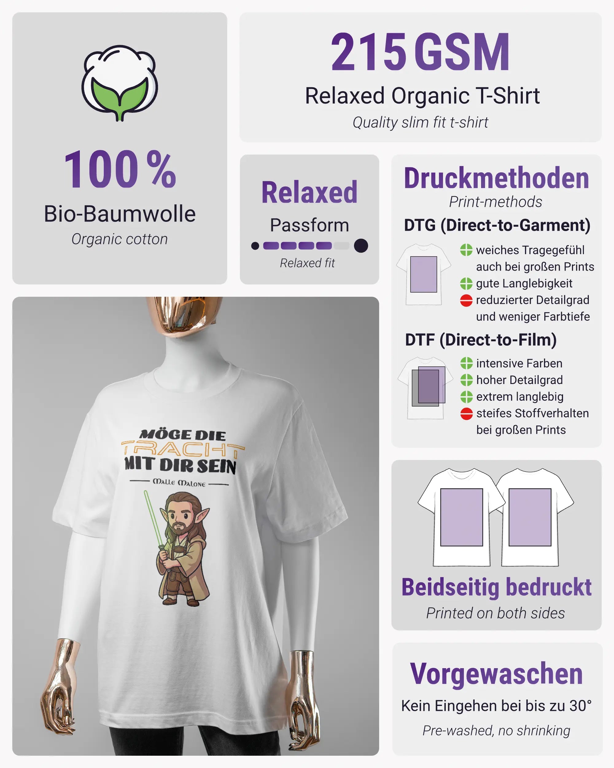 Produktinformationsblatt des Organic Unisex T-Shirt Relaxed von Maondo mit dem Design Tracht mit dir vorne in der Farbe White und in der Größe S