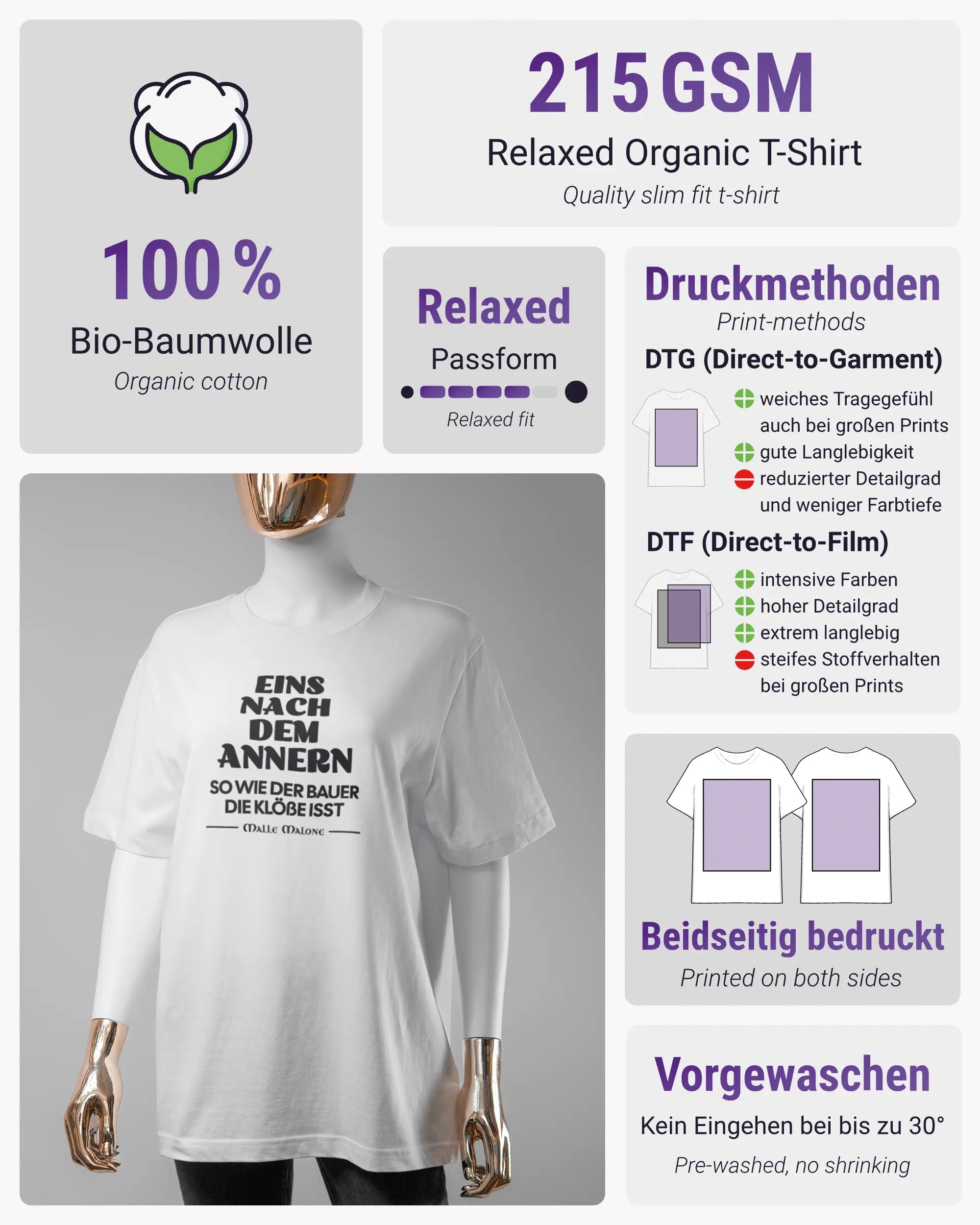 Produktinformationsblatt des Organic Unisex T-Shirt Relaxed von Maondo mit dem Design Eins nach dem Annern vorne in der Farbe White und in der Größe S